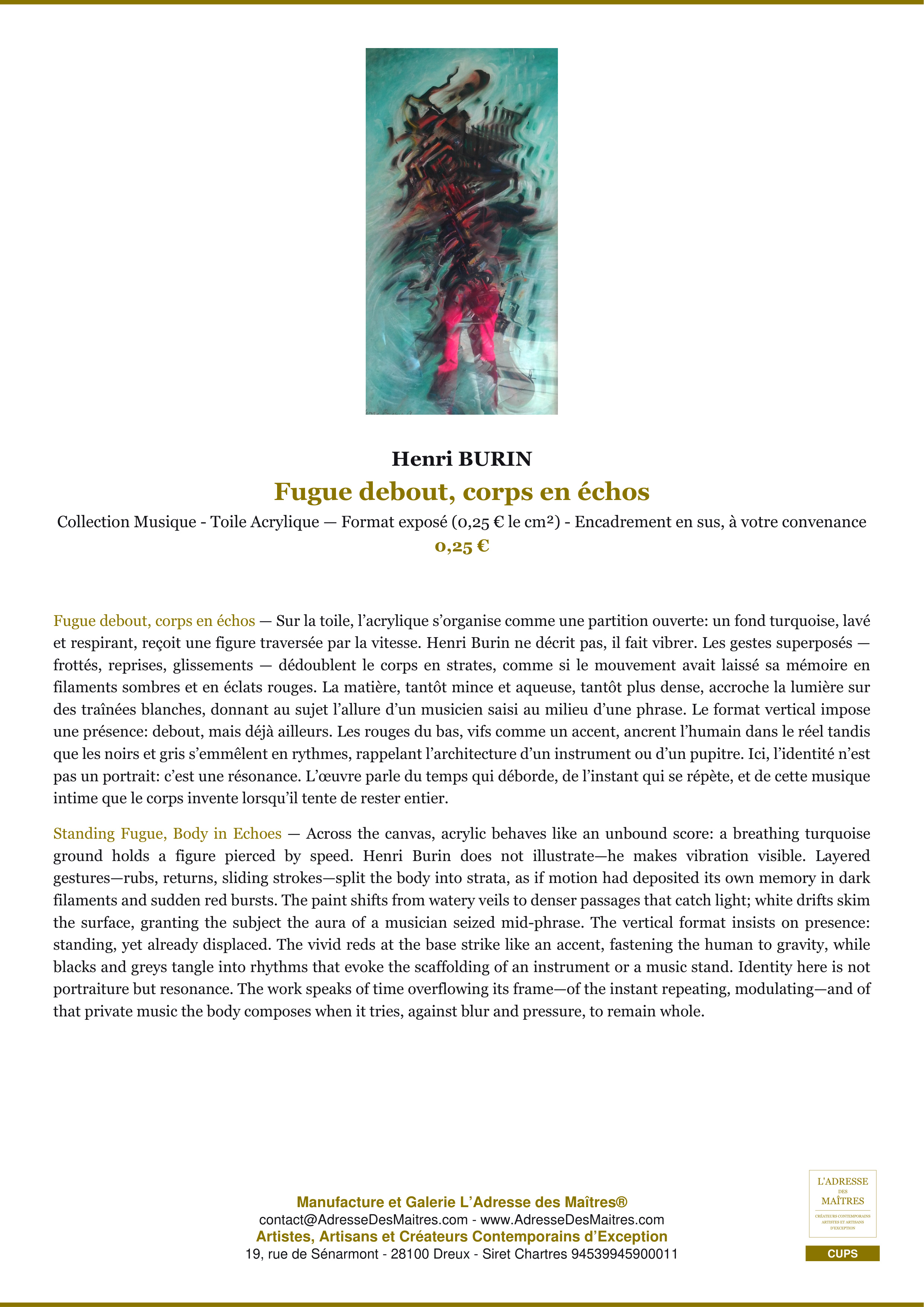 Fiche Premium — Fugue debout, corps en échos — Henri BURIN — L'Adresse des Maîtres®