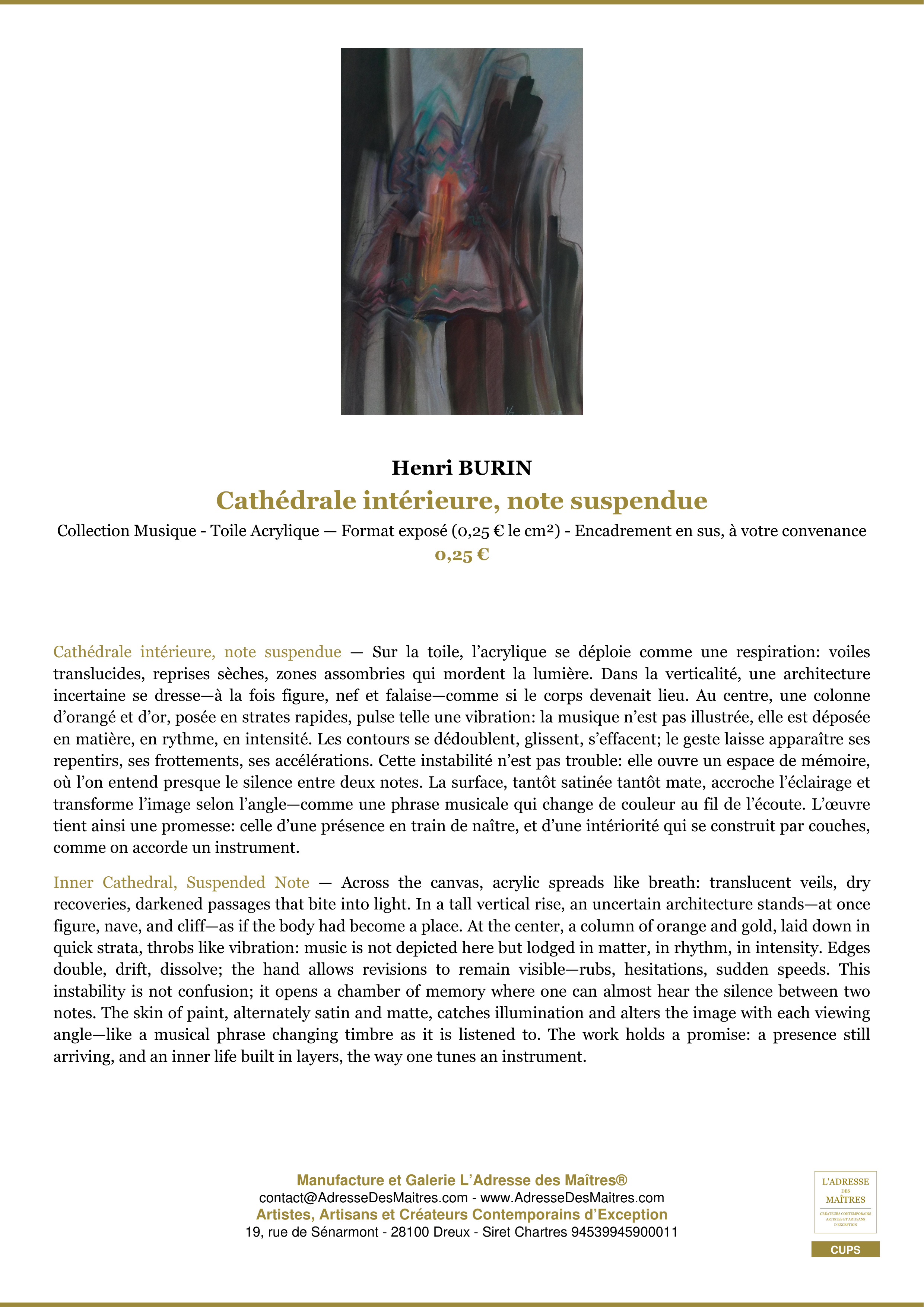 Fiche Premium — Cathédrale intérieure, note suspendue — Henri BURIN — L'Adresse des Maîtres®
