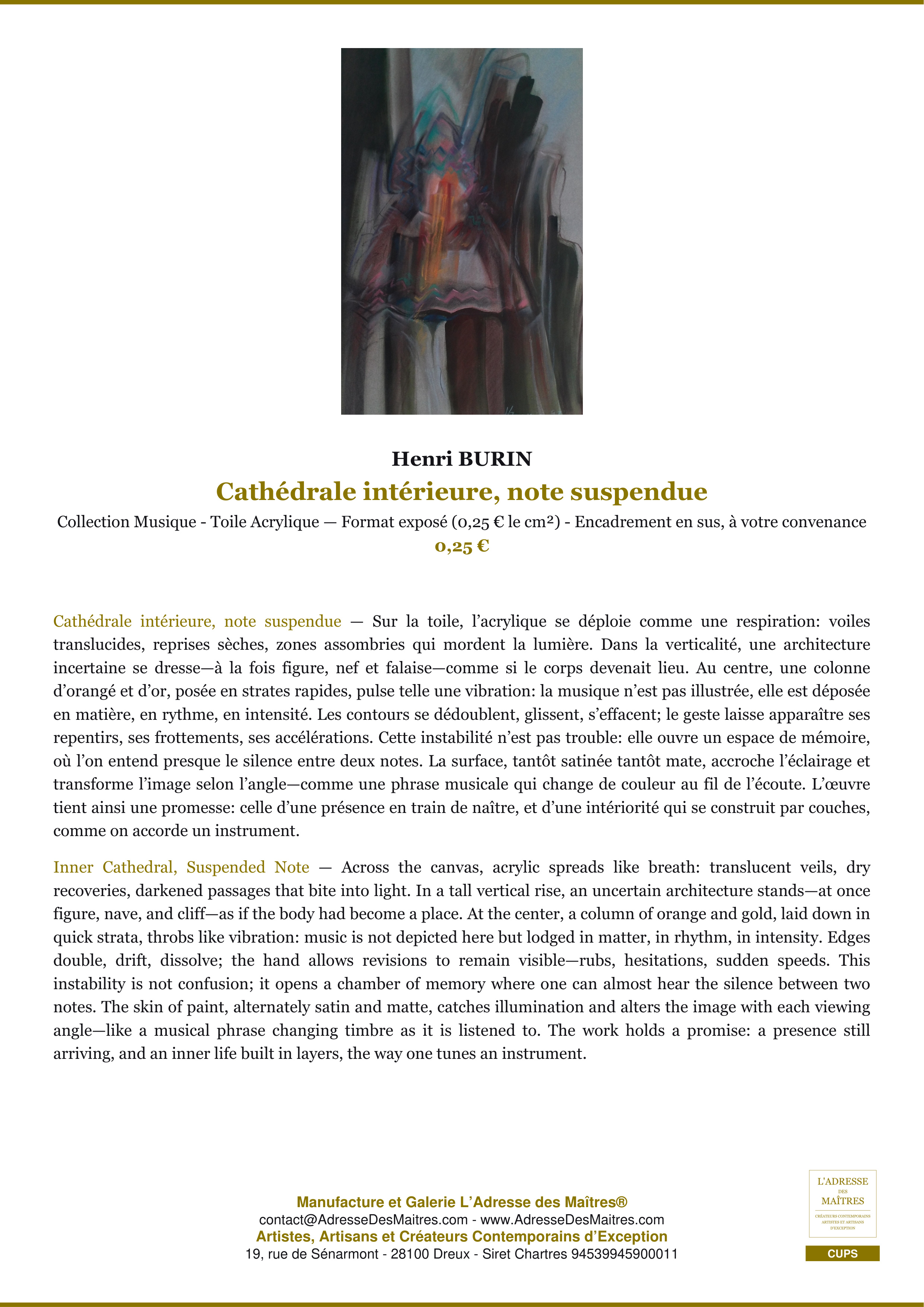 Fiche Premium — Cathédrale intérieure, note suspendue — Henri BURIN — L'Adresse des Maîtres®