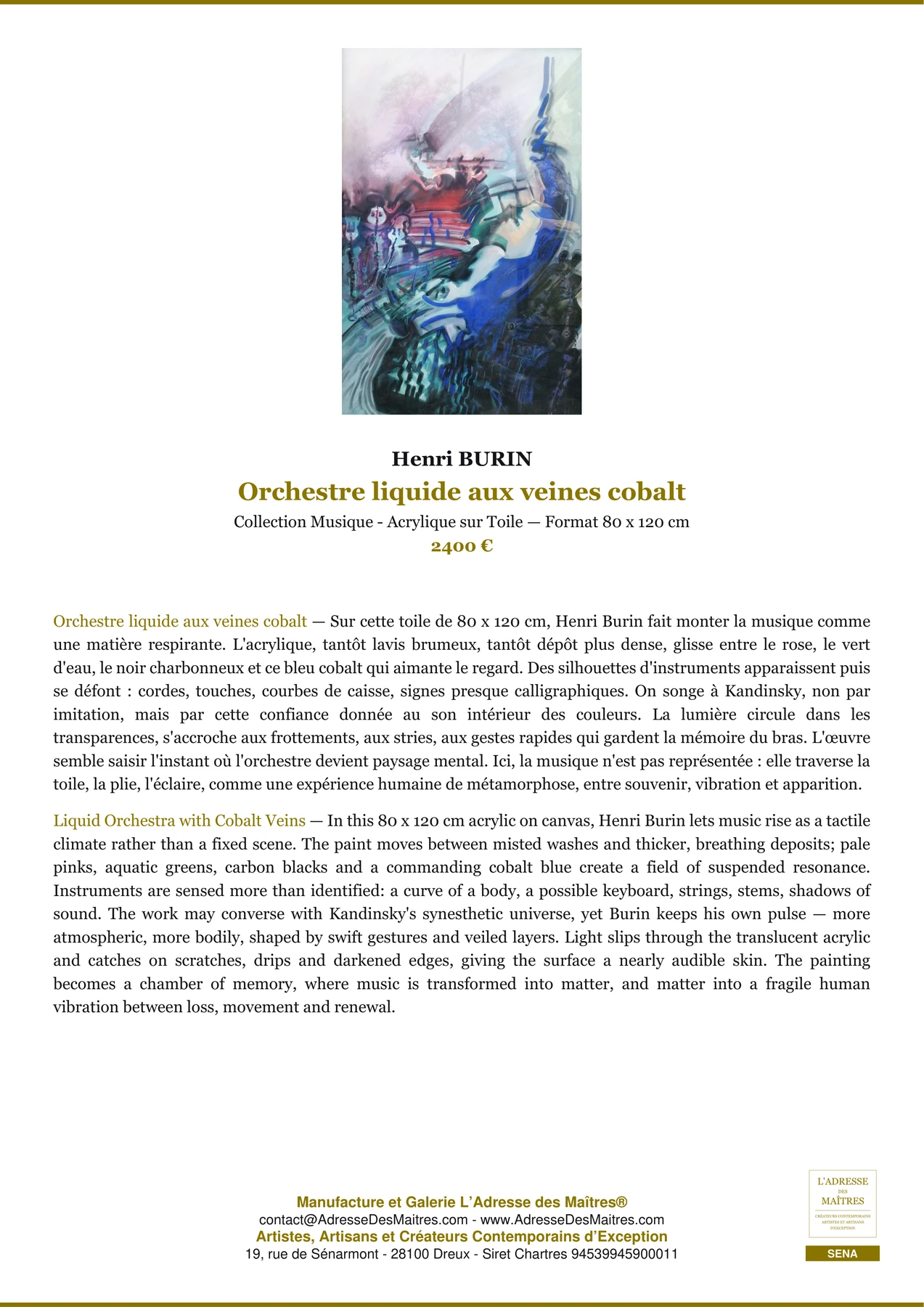 Fiche Premium — Orchestre liquide aux veines cobalt — Henri BURIN — L'Adresse des Maîtres®