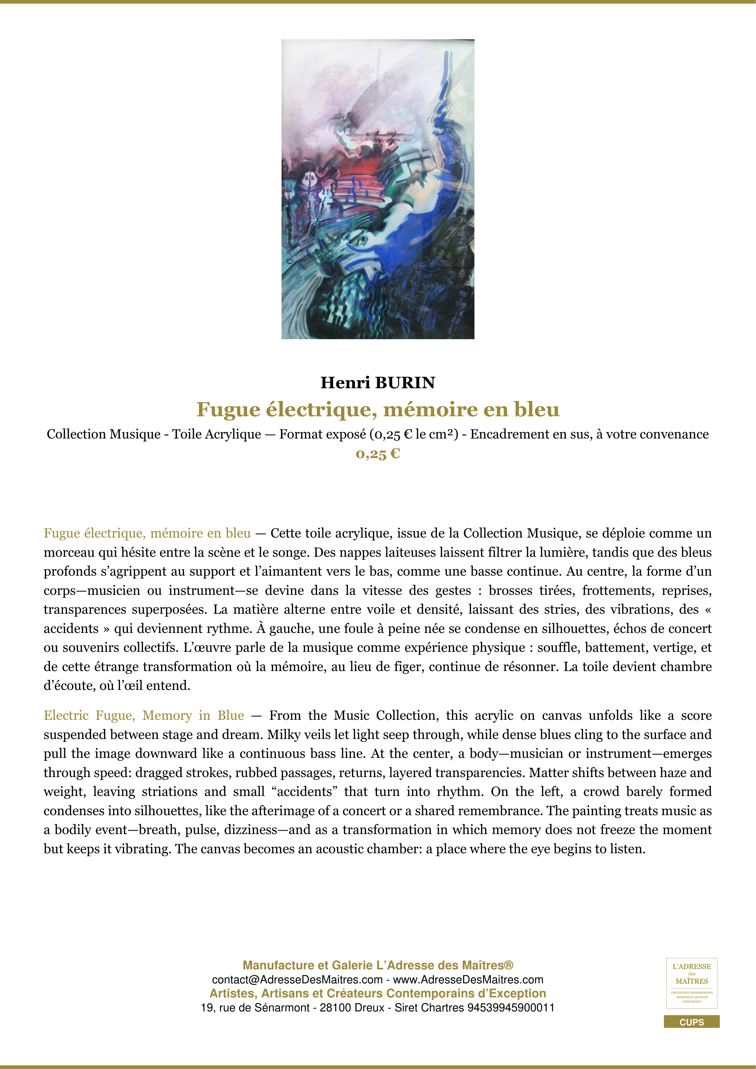 Fiche Premium — Fugue électrique, mémoire en bleu — Henri BURIN — L'Adresse des Maîtres®