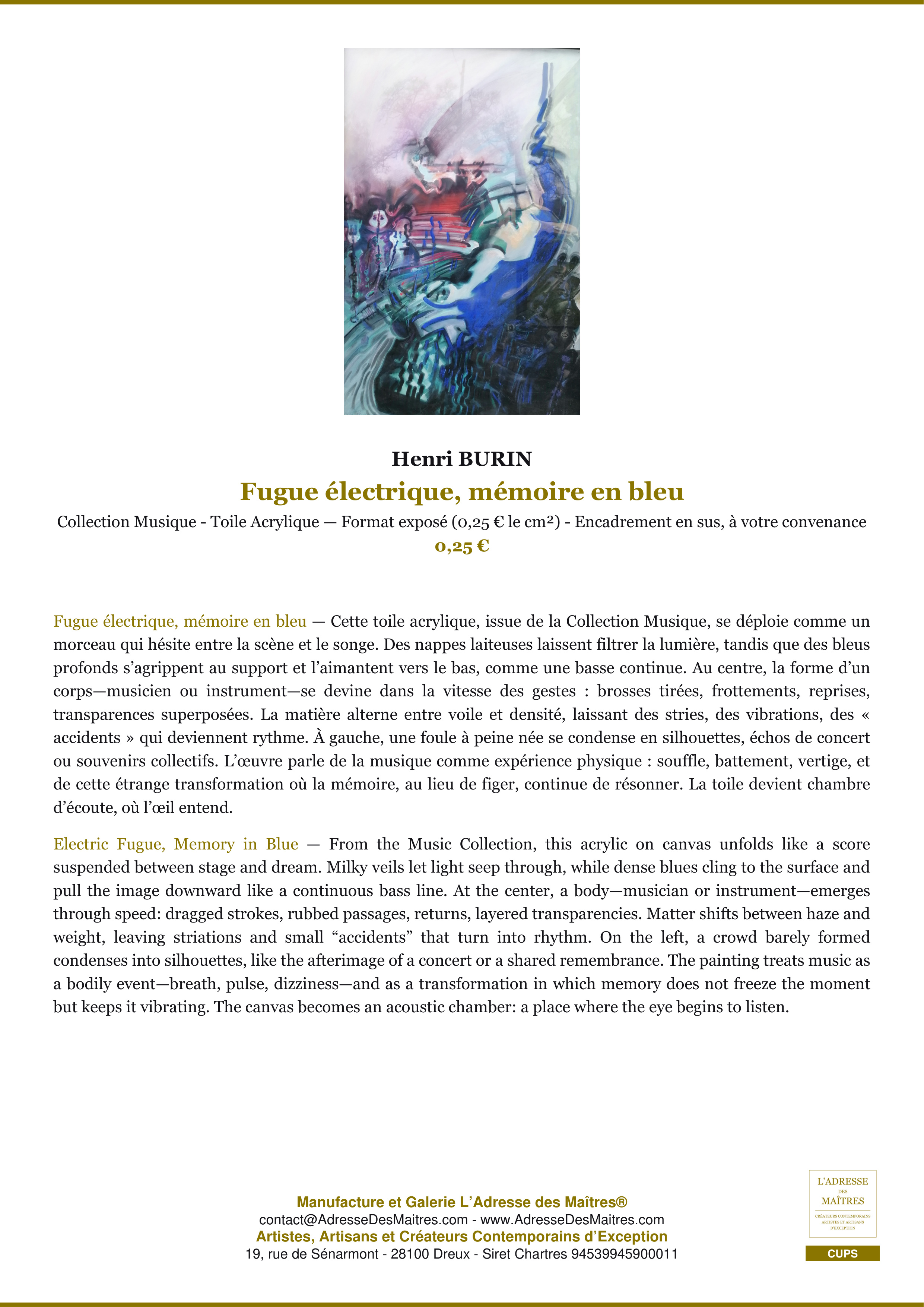 Fiche Premium — Fugue électrique, mémoire en bleu — Henri BURIN — L'Adresse des Maîtres®