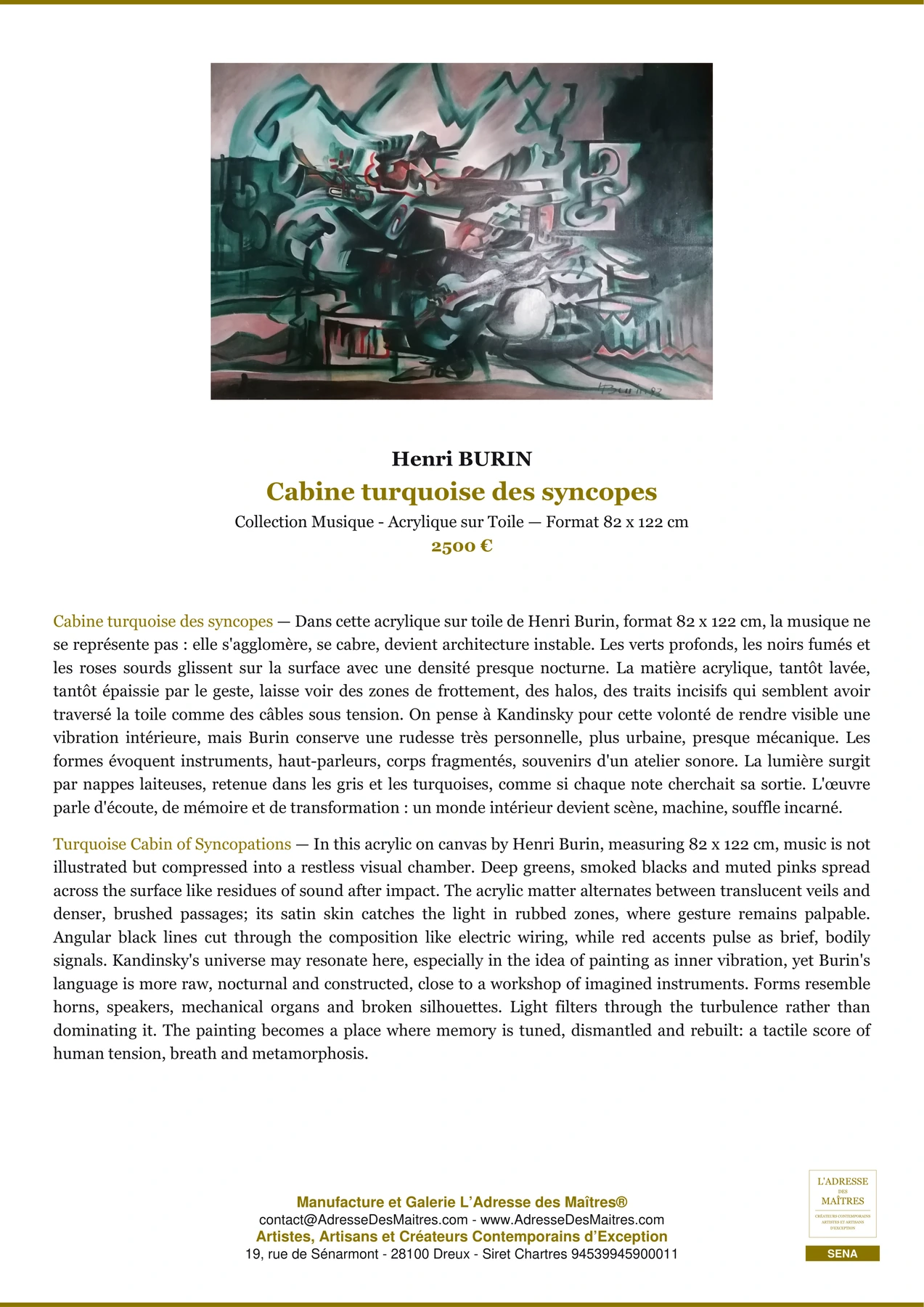 Fiche Premium — Cabine turquoise des syncopes — Henri BURIN — L'Adresse des Maîtres®