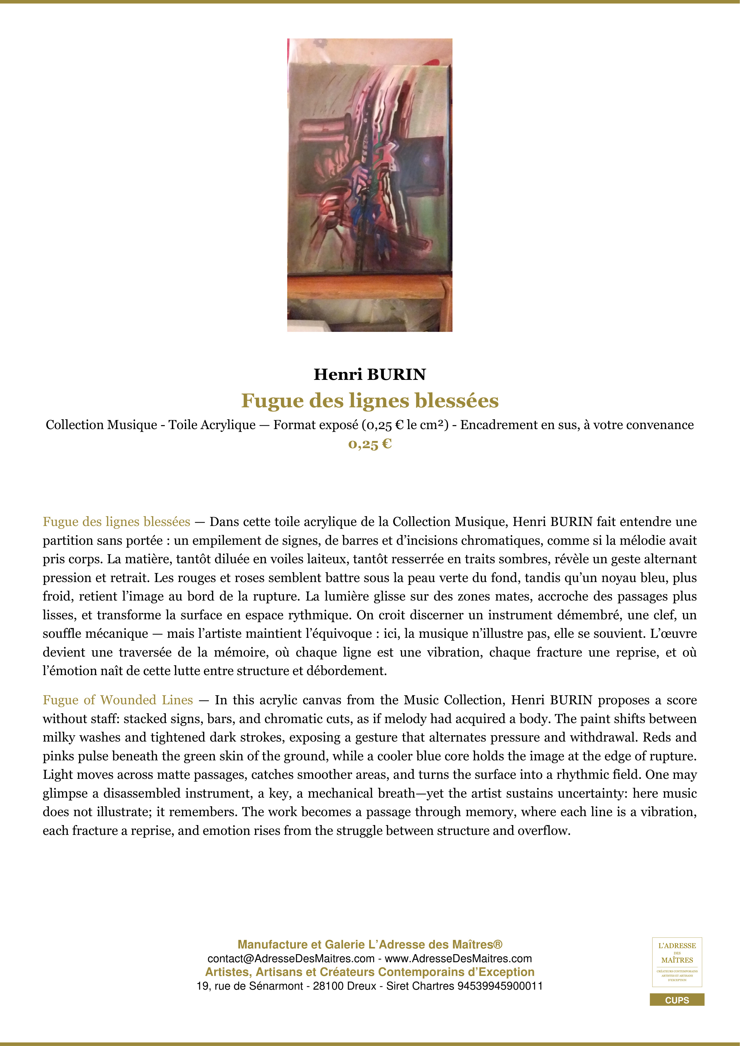 Fiche Premium — Fugue des lignes blessées — Henri BURIN — L'Adresse des Maîtres®