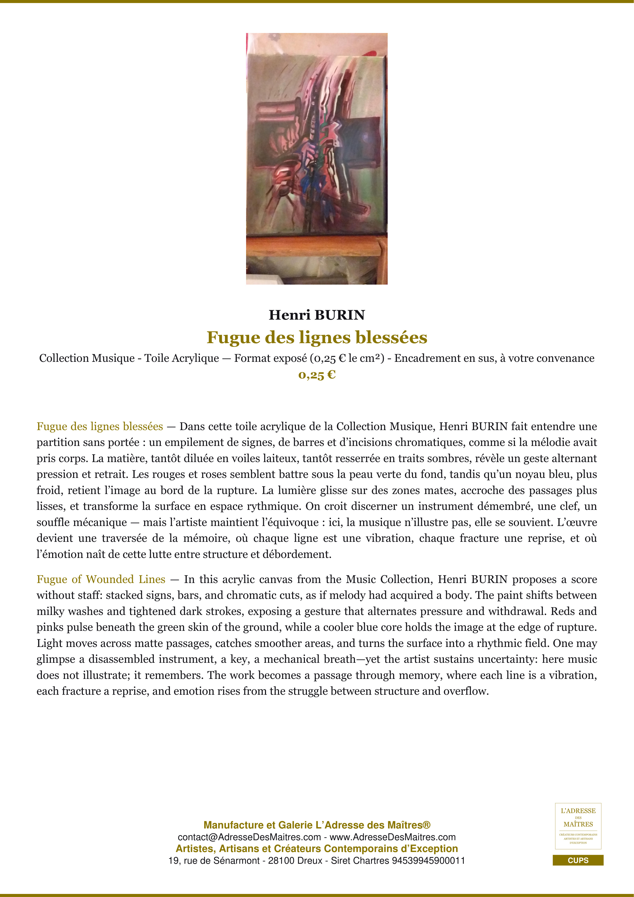 Fiche Premium — Fugue des lignes blessées — Henri BURIN — L'Adresse des Maîtres®