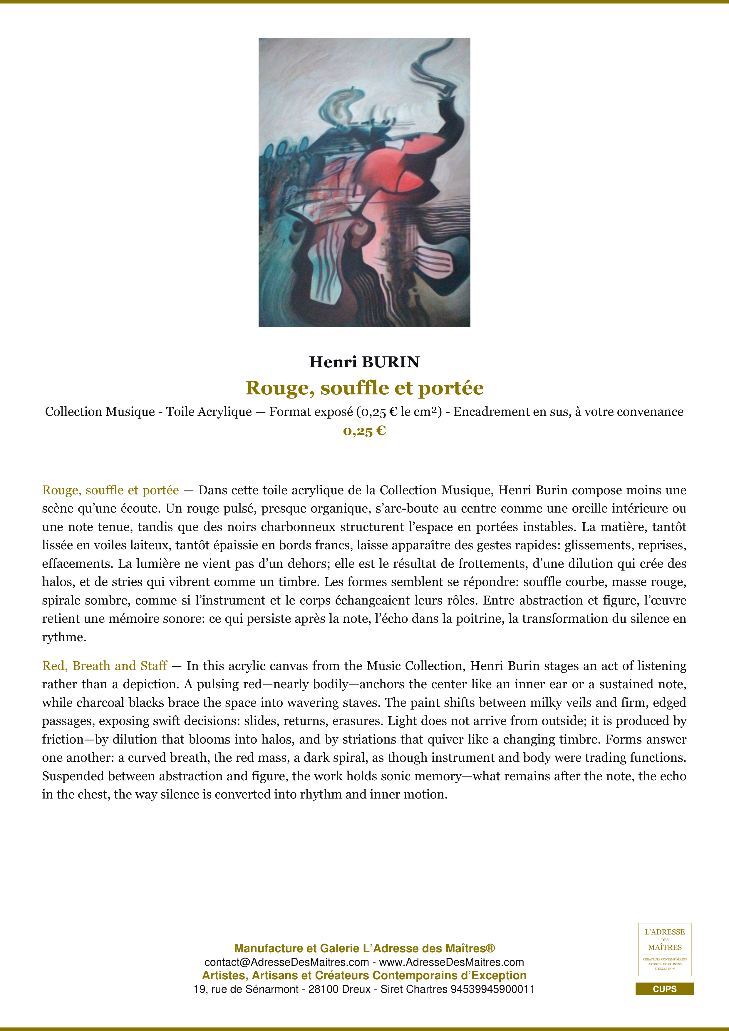 Fiche Premium — Rouge, souffle et portée — Henri BURIN — L'Adresse des Maîtres®
