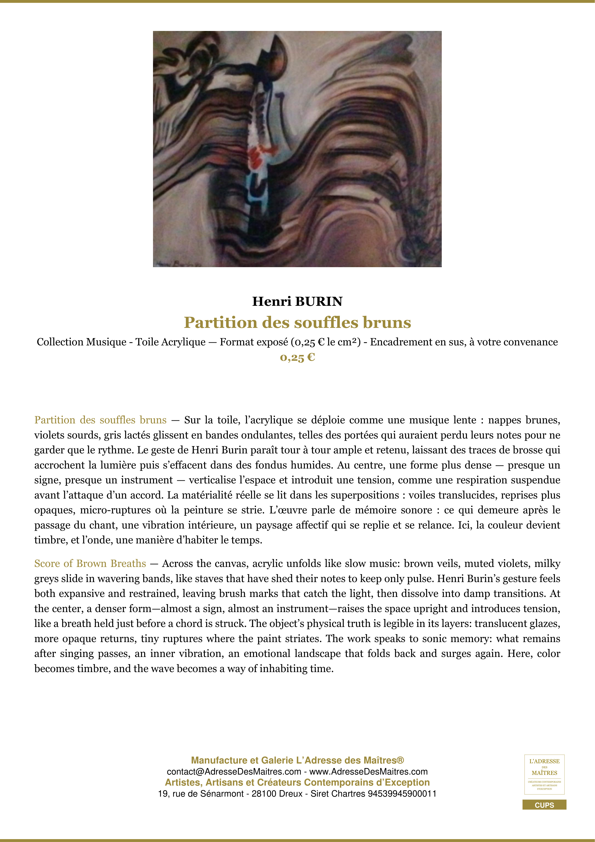 Fiche Premium — Partition des souffles bruns — Henri BURIN — L'Adresse des Maîtres®