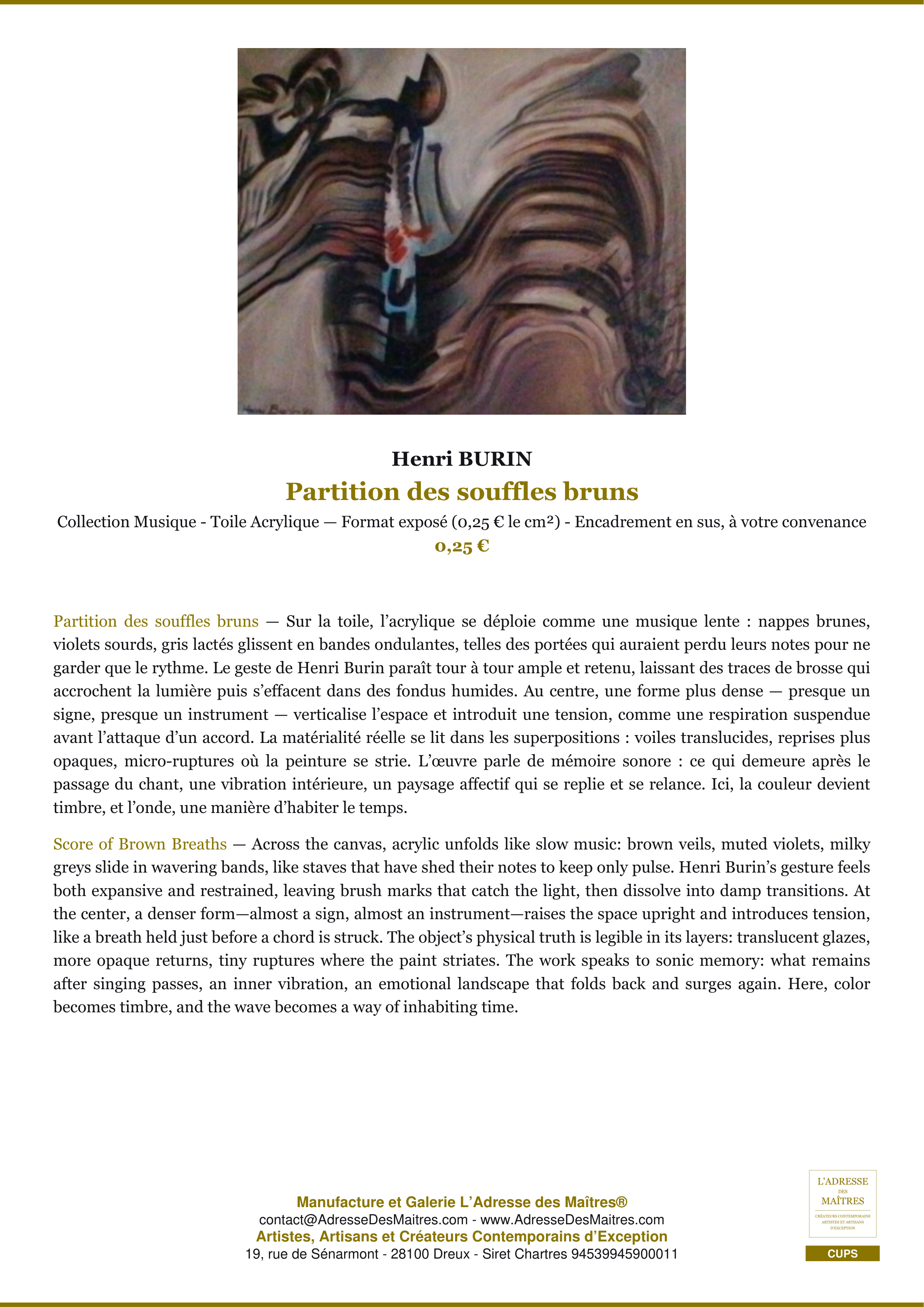 Fiche Premium — Partition des souffles bruns — Henri BURIN — L'Adresse des Maîtres®