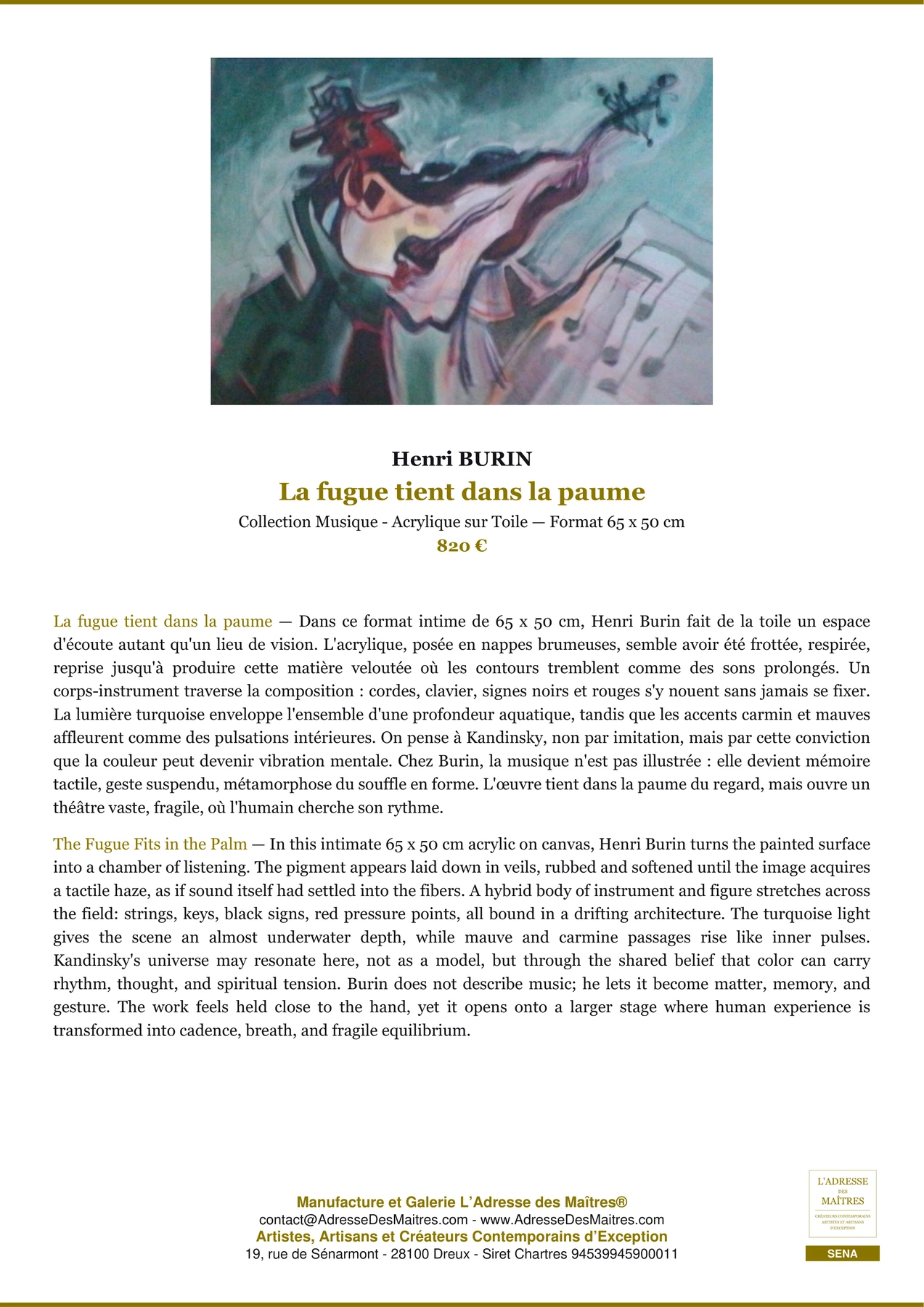 Fiche Premium — La fugue tient dans la paume — Henri BURIN — L'Adresse des Maîtres®