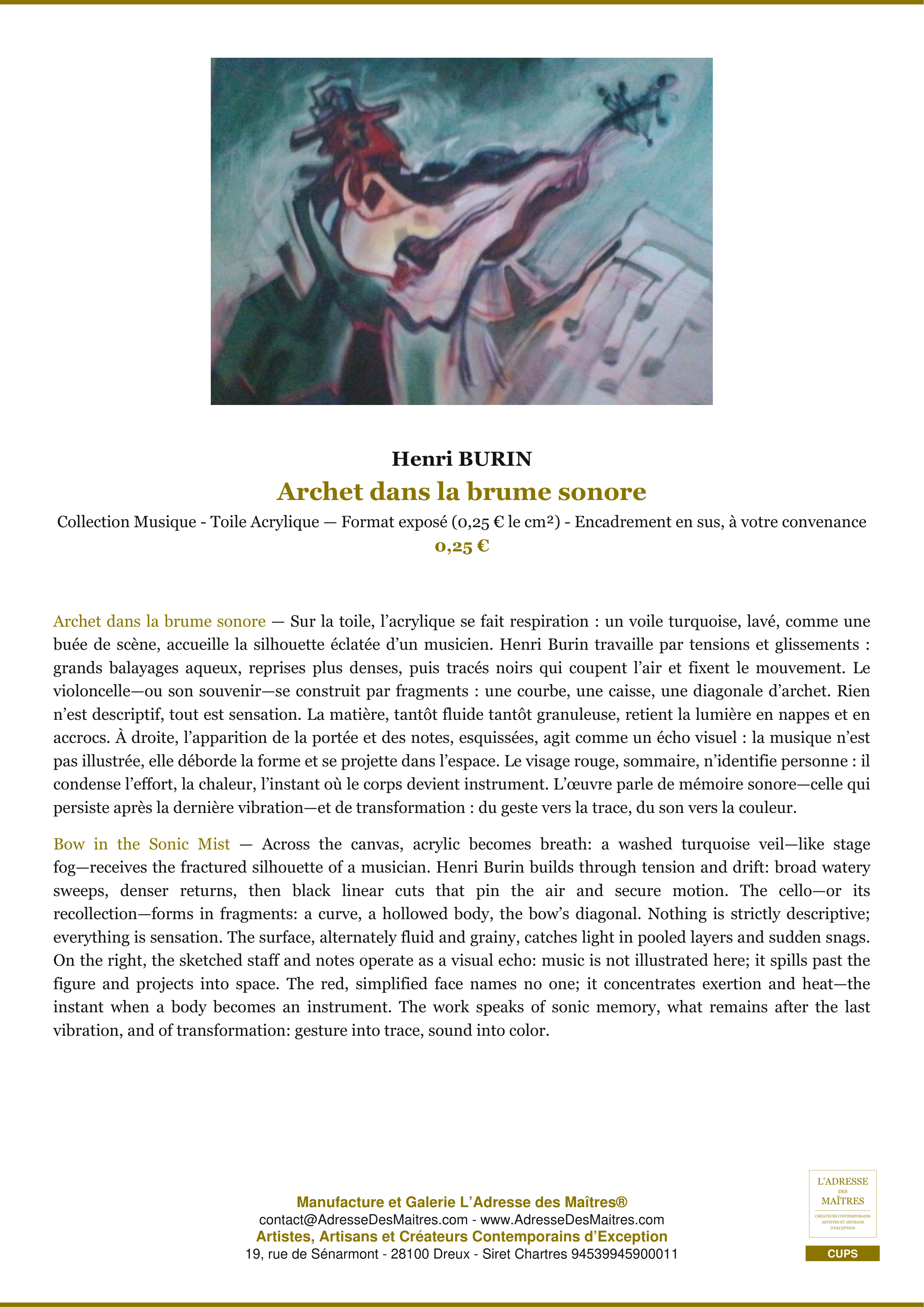Fiche Premium — Archet dans la brume sonore — Henri BURIN — L'Adresse des Maîtres®