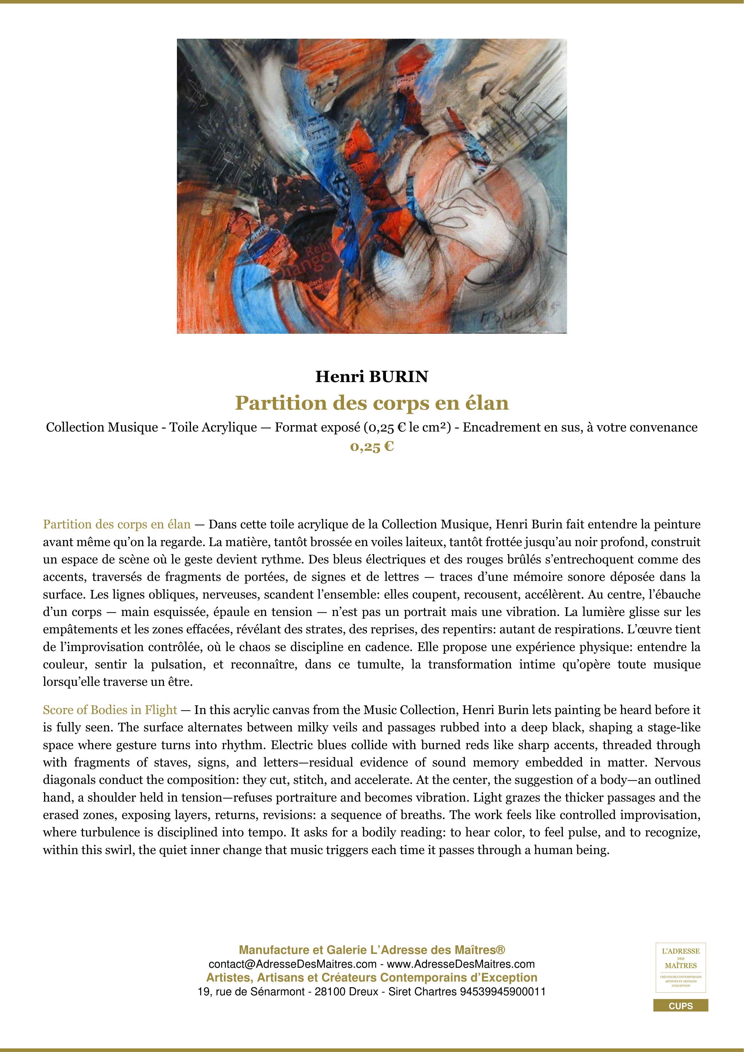 Fiche Premium — Partition des corps en élan — Henri BURIN — L'Adresse des Maîtres®