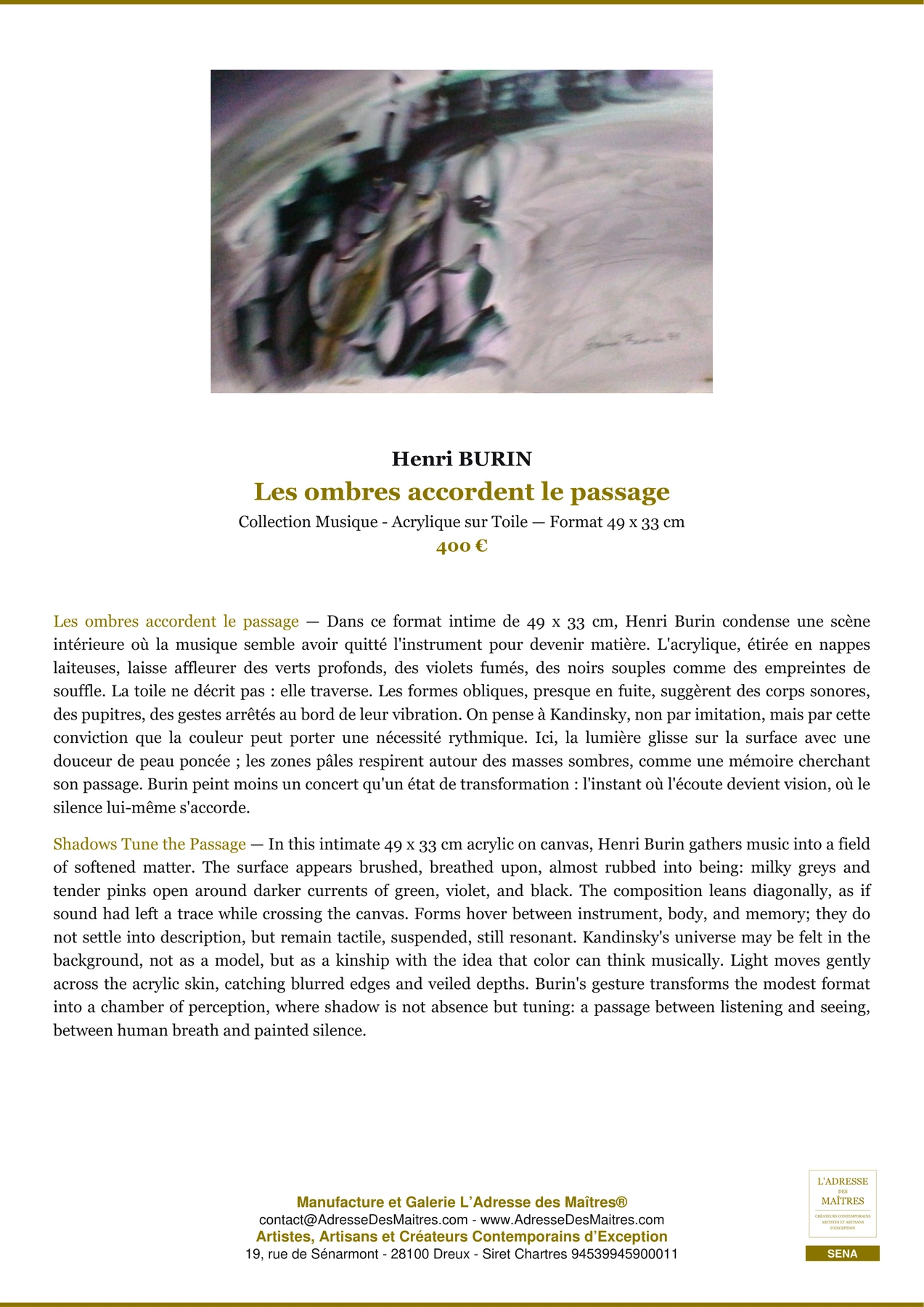 Fiche Premium — Les ombres accordent le passage — Henri BURIN — L'Adresse des Maîtres®
