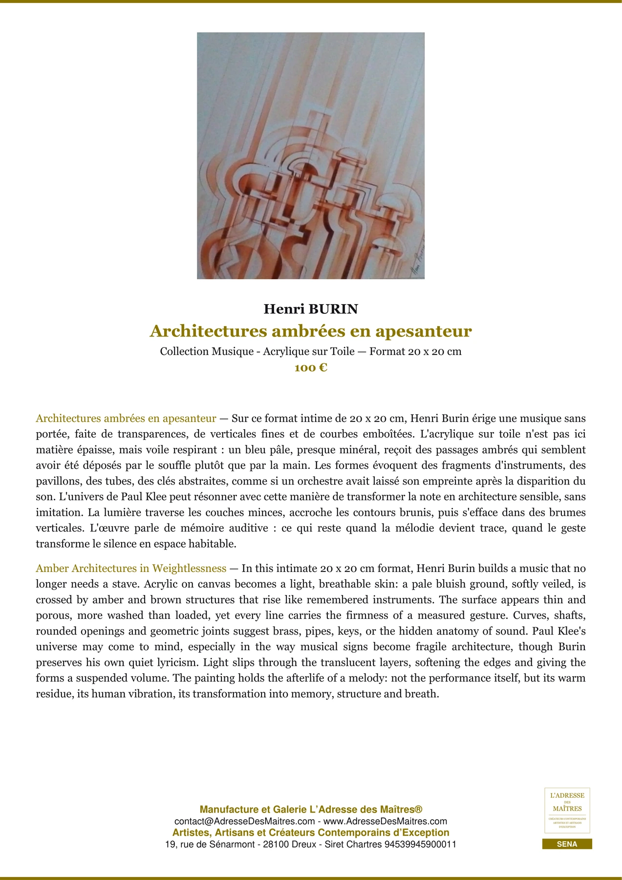 Fiche Premium — Architectures ambrées en apesanteur — Henri BURIN — L'Adresse des Maîtres®