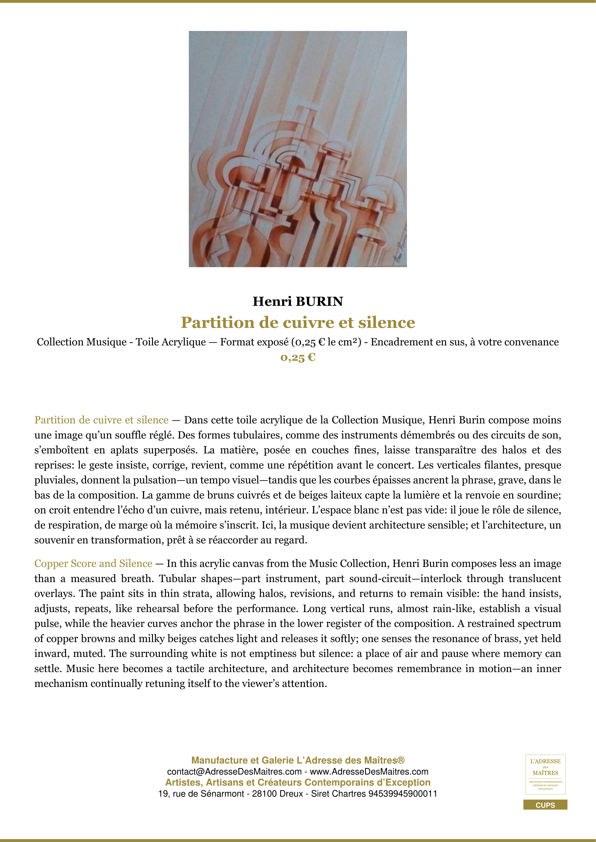 Fiche Premium — Partition de cuivre et silence — Henri BURIN — L'Adresse des Maîtres®