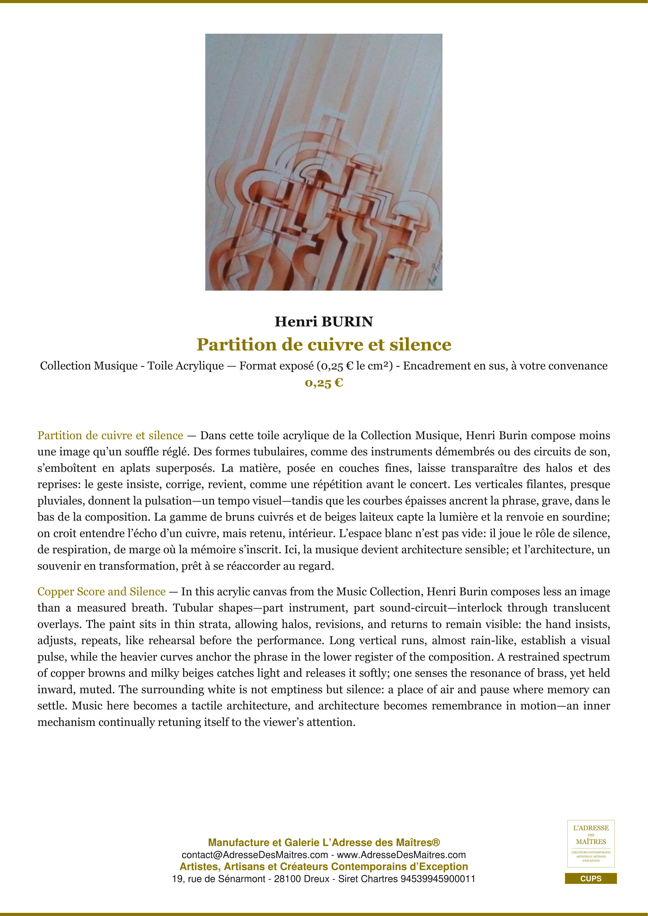 Fiche Premium — Partition de cuivre et silence — Henri BURIN — L'Adresse des Maîtres®