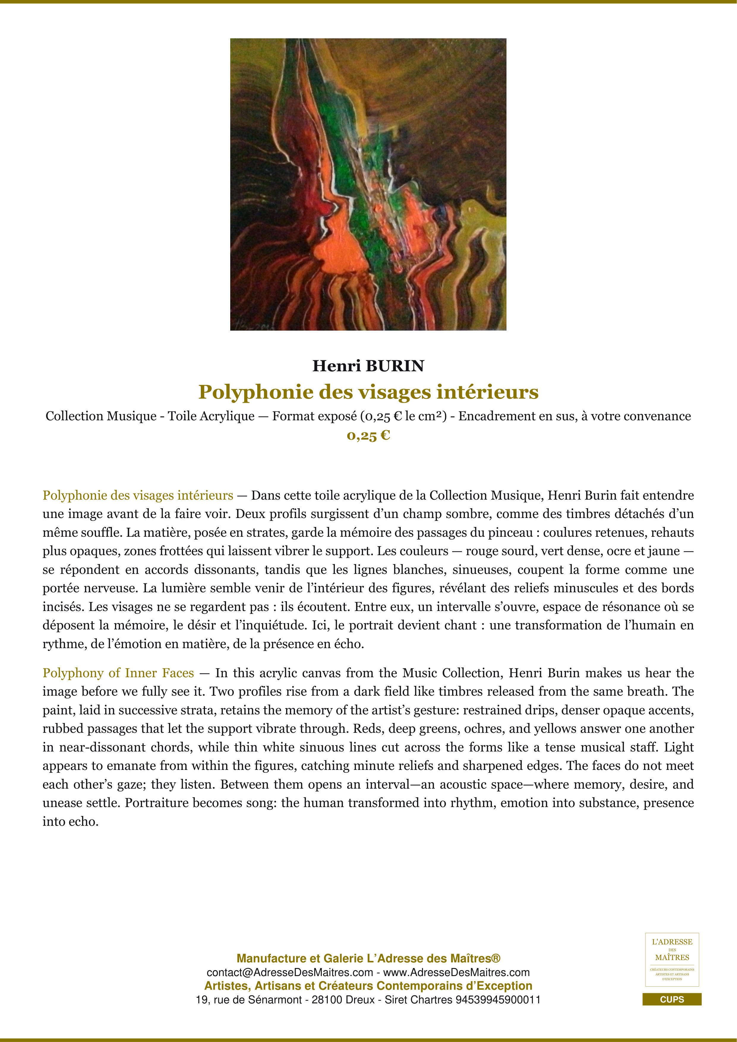 Fiche Premium — Polyphonie des visages intérieurs — Henri BURIN — L'Adresse des Maîtres®