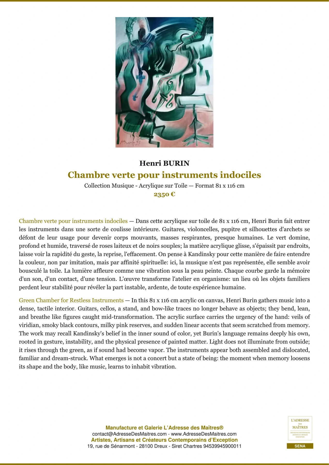 Fiche Premium — Chambre verte pour instruments indociles — Henri BURIN — L'Adresse des Maîtres®
