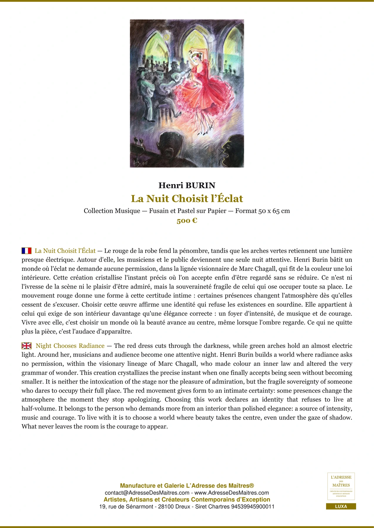 Fiche Premium - La Nuit Choisit l’Éclat - Henri BURIN - L'Adresse des Maîtres®