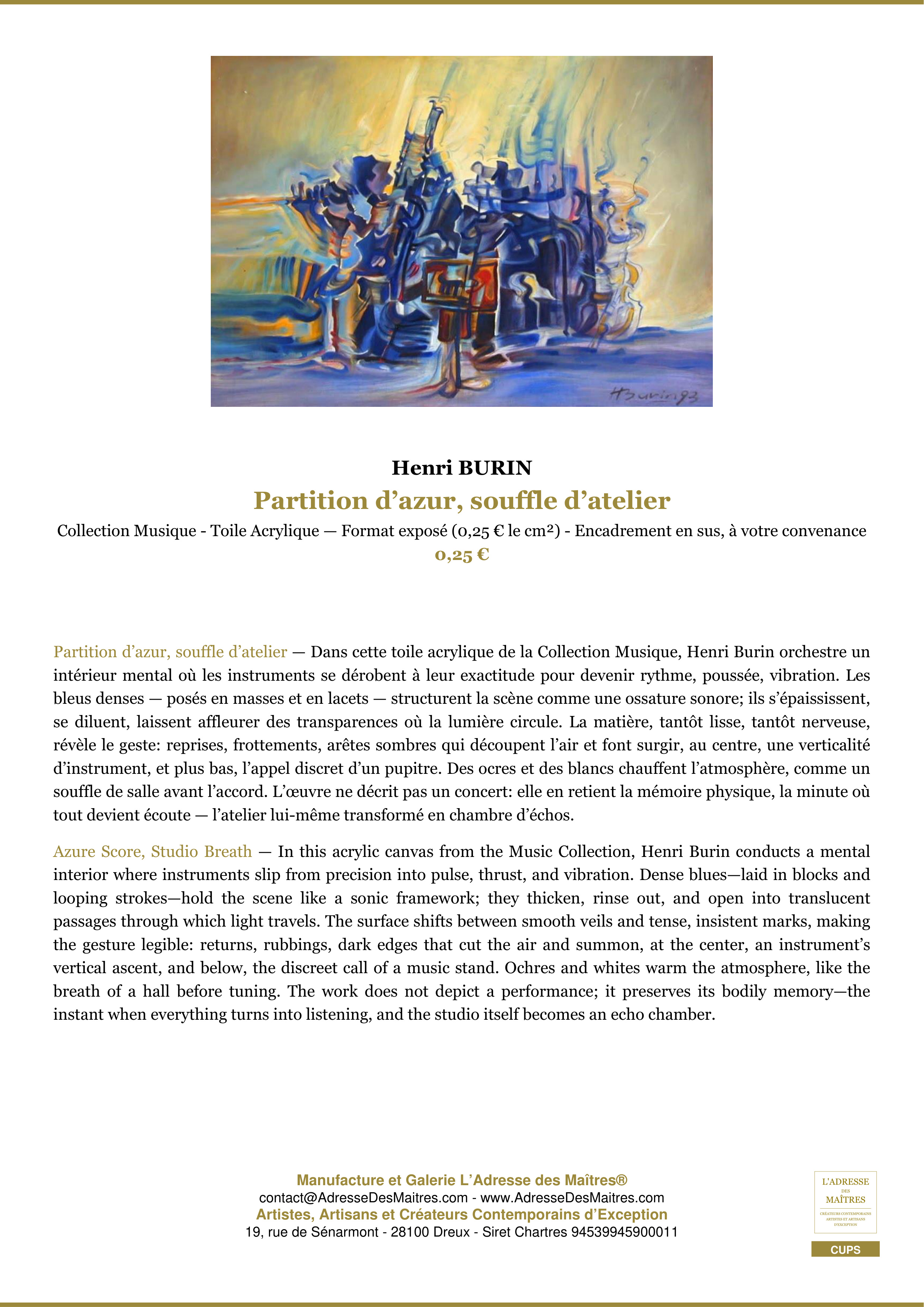 Fiche Premium — Partition d’azur, souffle d’atelier — Henri BURIN — L'Adresse des Maîtres®