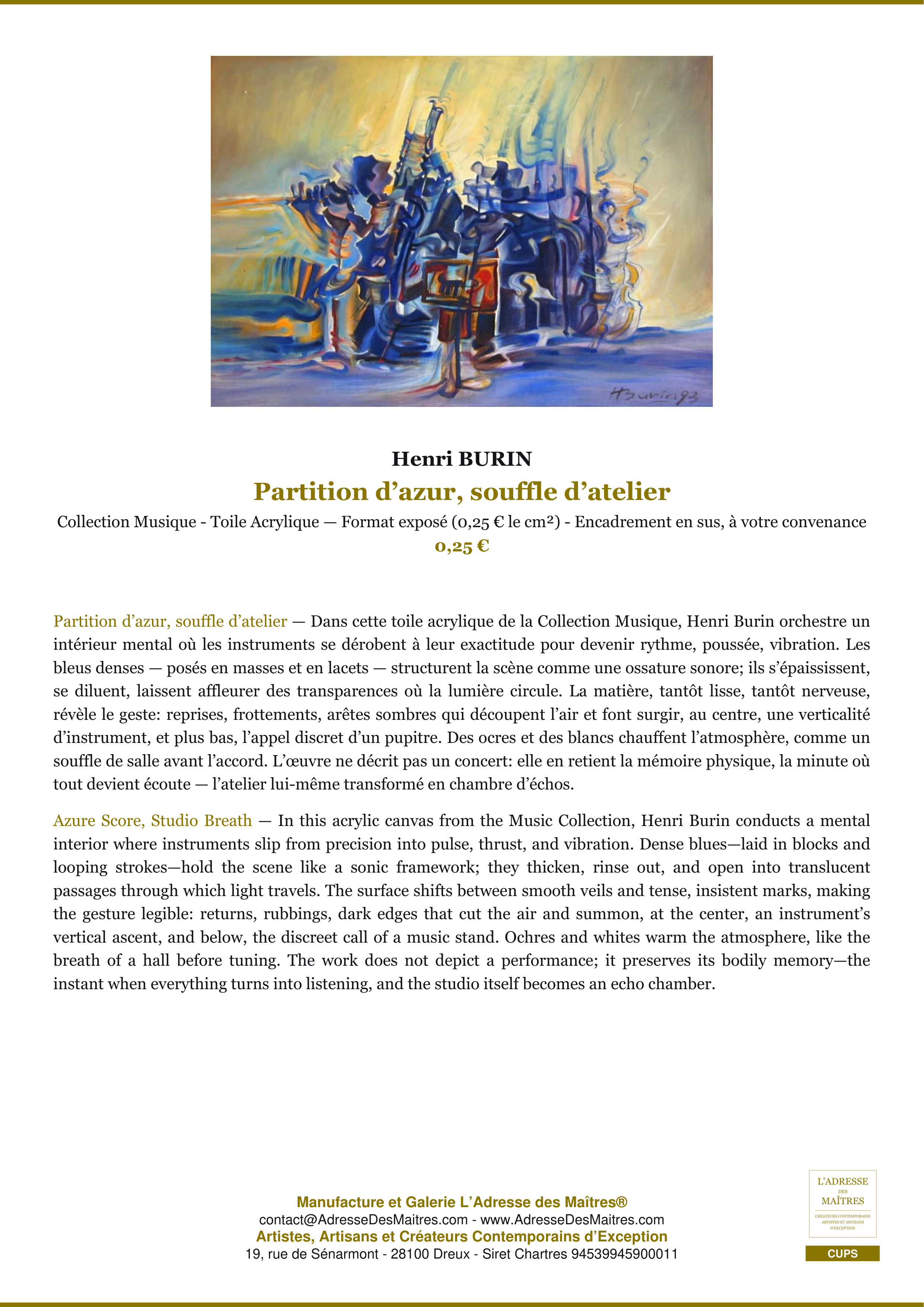 Fiche Premium — Partition d’azur, souffle d’atelier — Henri BURIN — L'Adresse des Maîtres®