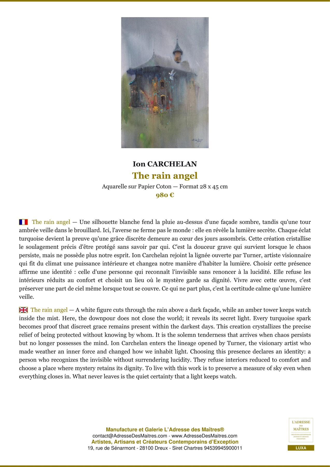 The rain angel — Fiche Premium, Aquarelle sur Papier Coton 28 x 45 cm, Ion CARCHELAN