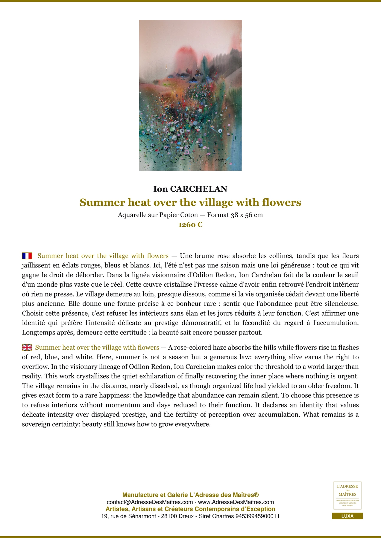 Fiche Premium - Summer heat over the village with flowers - Ion CARCHELAN - L'Adresse des Maîtres®