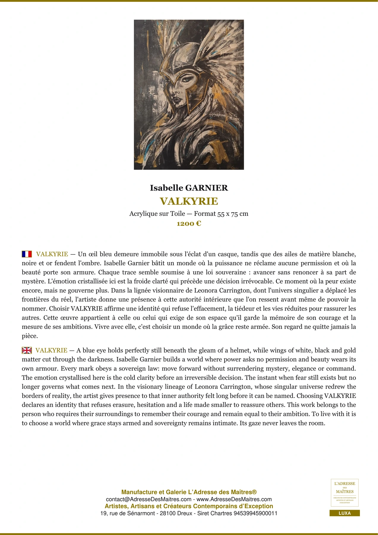 Fiche Premium - VALKYRIE - Isabelle GARNIER - L'Adresse des Maîtres®