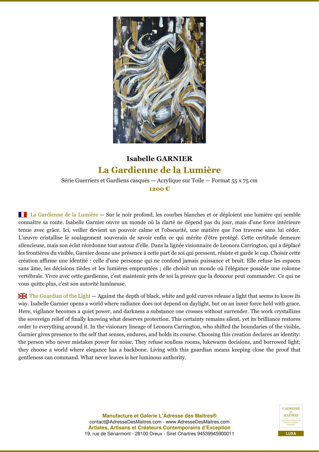Fiche Premium - La Gardienne de la Lumière - Isabelle GARNIER - L'Adresse des Maîtres®
