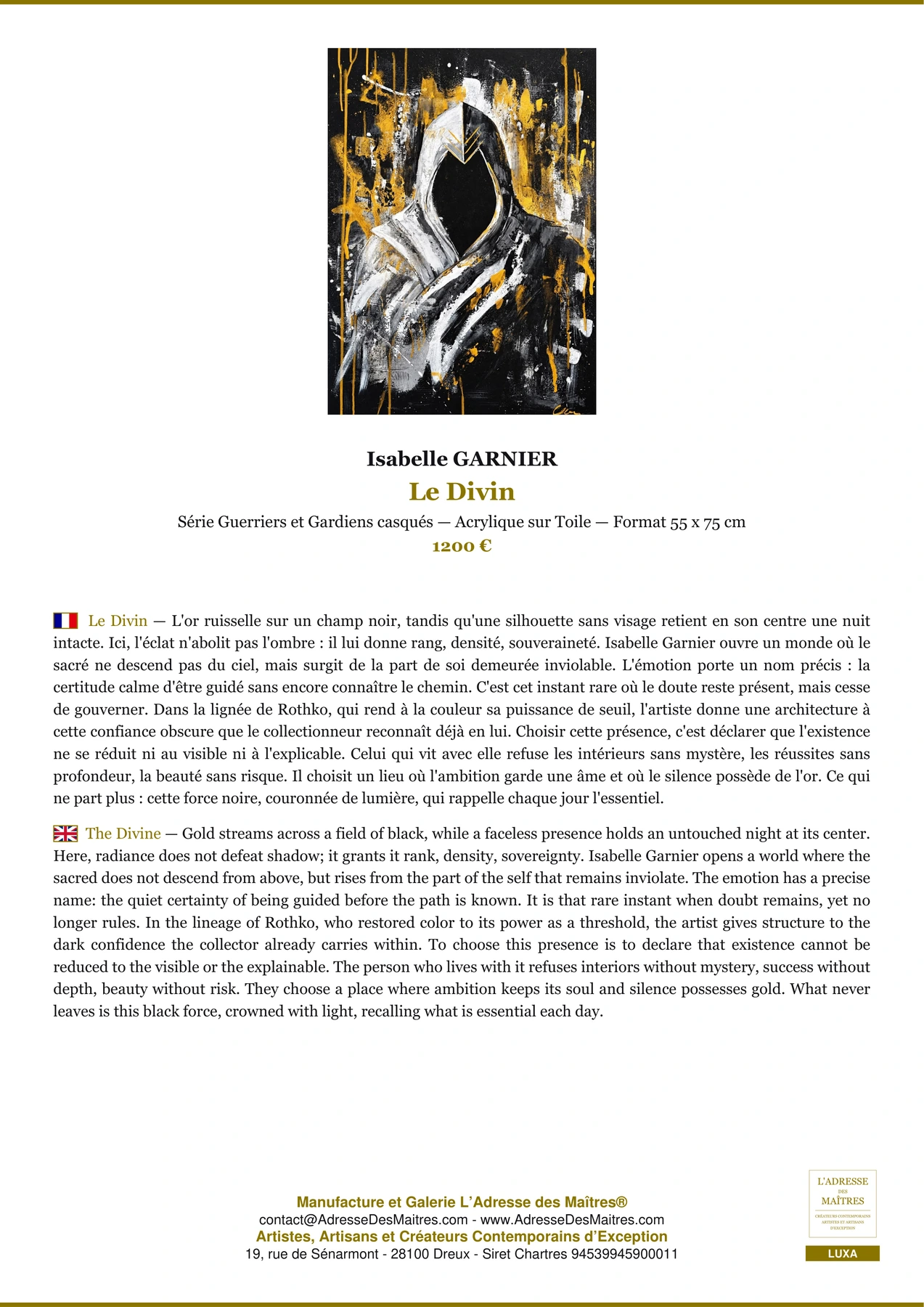 Fiche Premium - Le Divin - Isabelle GARNIER - L'Adresse des Maîtres®