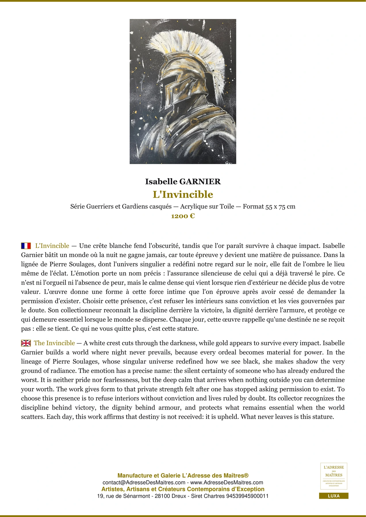 Fiche Premium - L'Invincible - Isabelle GARNIER - L'Adresse des Maîtres®