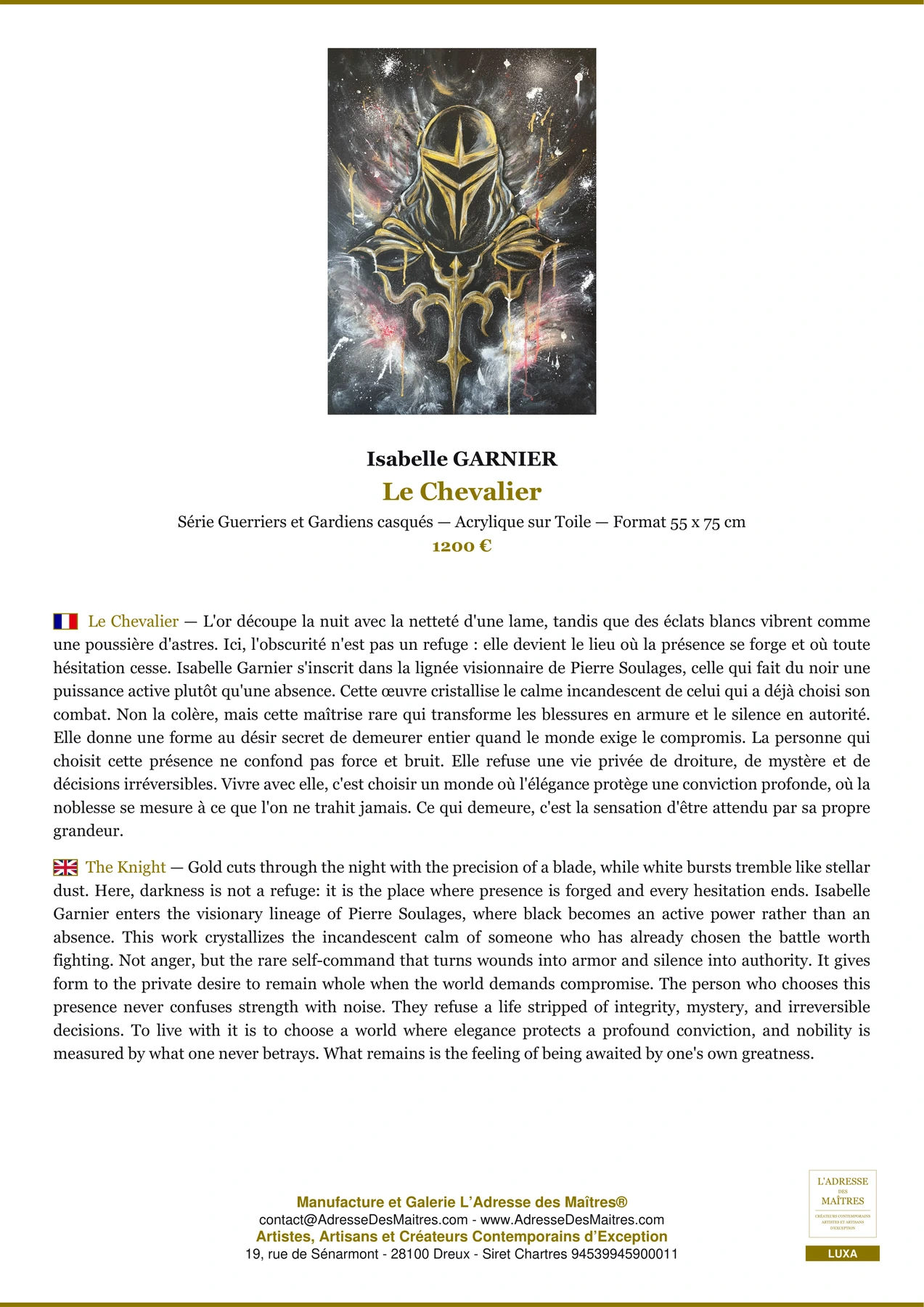 Fiche Premium - Le Chevalier - Isabelle GARNIER - L'Adresse des Maîtres®