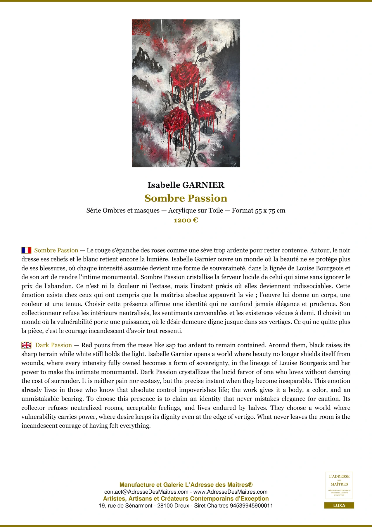 Fiche Premium - Sombre Passion - Isabelle GARNIER - L'Adresse des Maîtres®