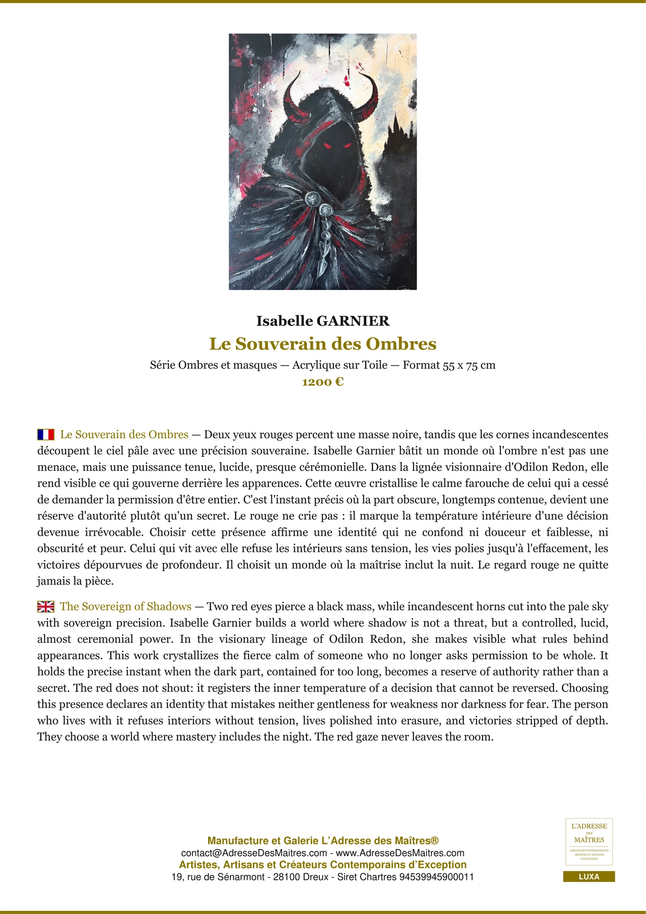 Fiche Premium - Le Souverain des Ombres - Isabelle GARNIER - L'Adresse des Maîtres®