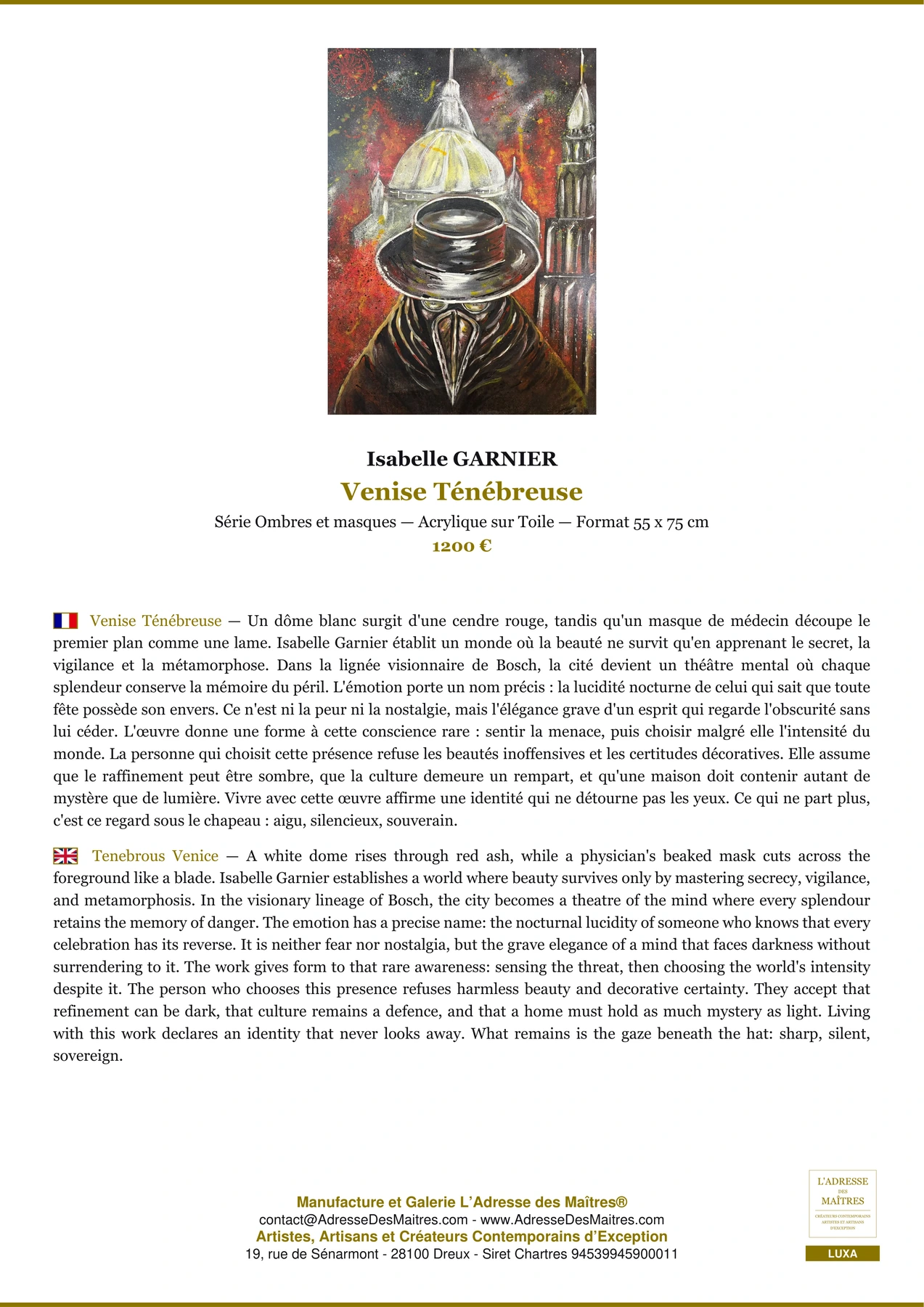 Fiche Premium - Venise Ténébreuse - Isabelle GARNIER - L'Adresse des Maîtres®