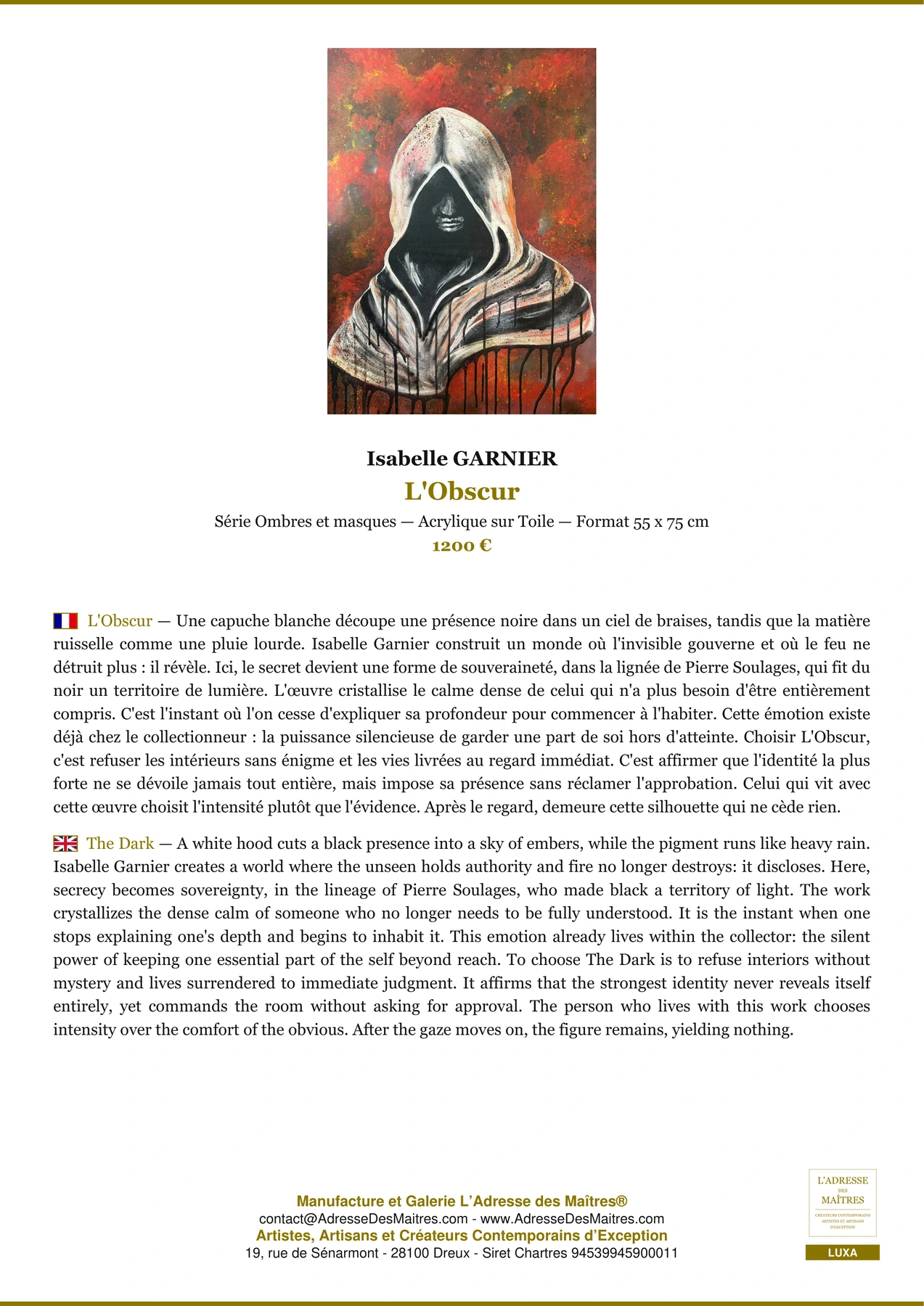 Fiche Premium - L'Obscur - Isabelle GARNIER - L'Adresse des Maîtres®