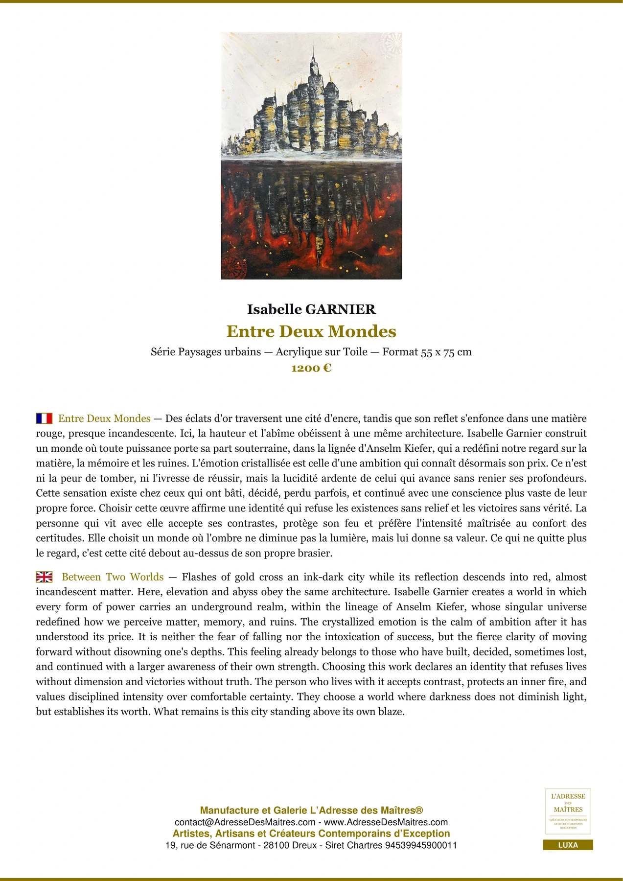 Fiche Premium - Entre Deux Mondes - Isabelle GARNIER - L'Adresse des Maîtres®