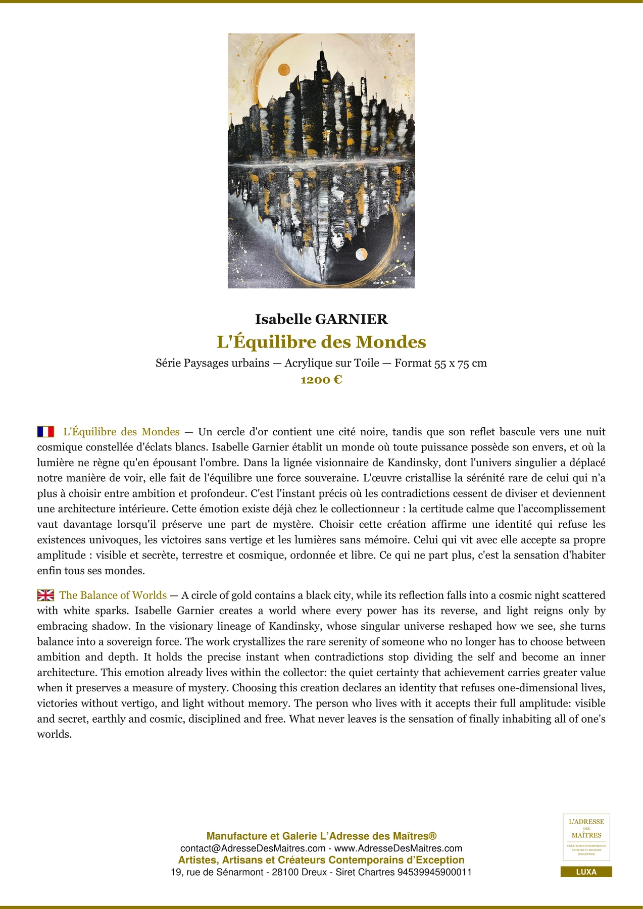 Fiche Premium - L'Équilibre des Mondes - Isabelle GARNIER - L'Adresse des Maîtres®