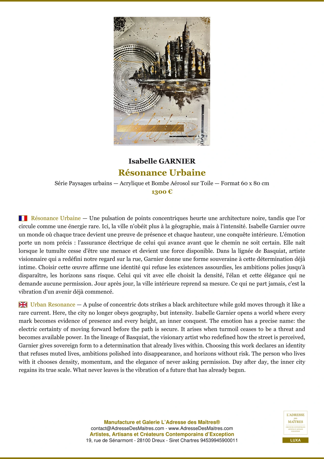 Fiche Premium - Résonance Urbaine - Isabelle GARNIER - L'Adresse des Maîtres®
