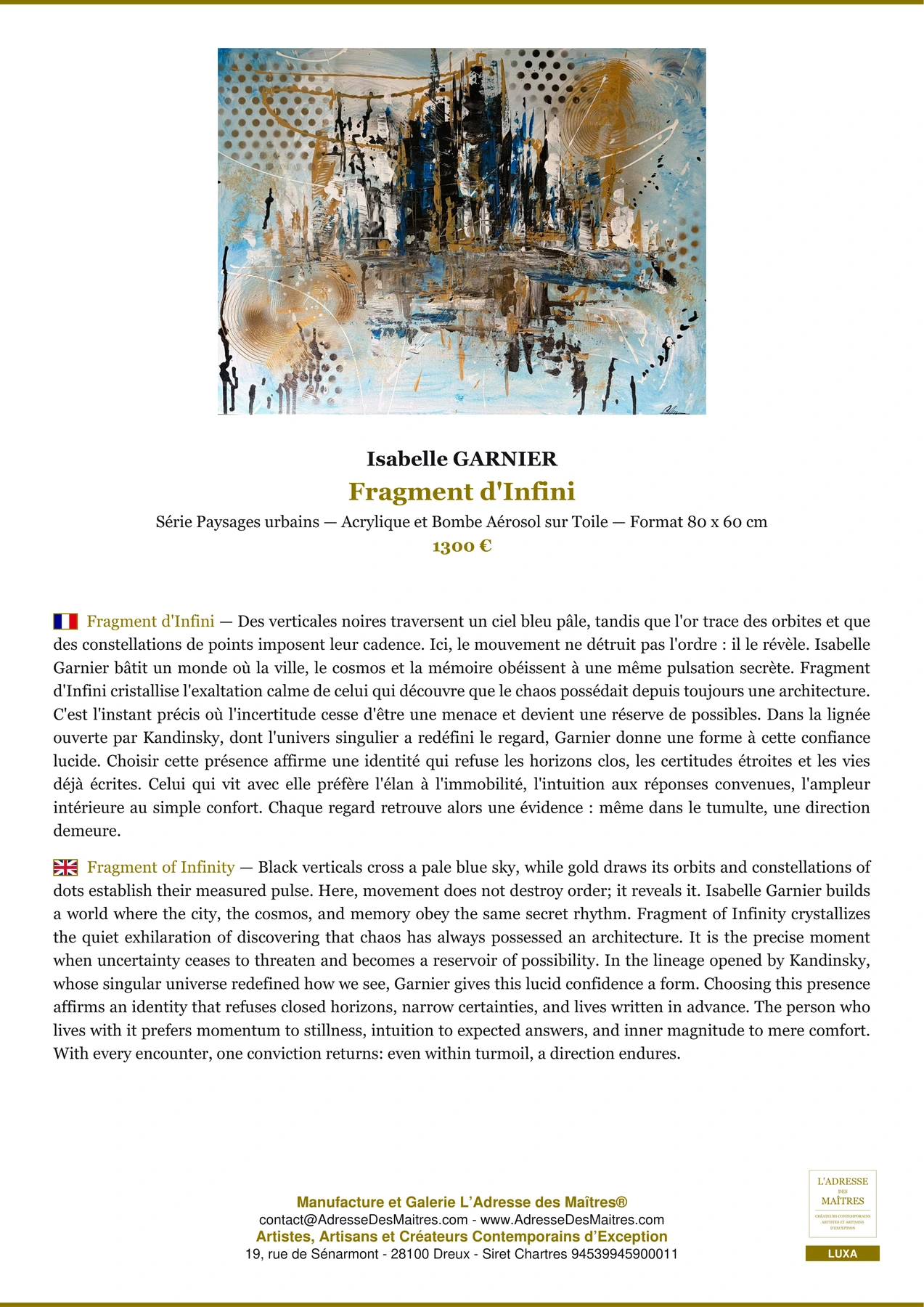 Fiche Premium - Fragment d'Infini - Isabelle GARNIER - L'Adresse des Maîtres®