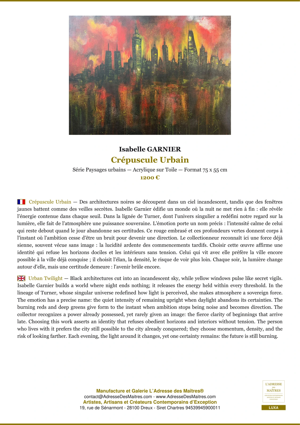 Fiche Premium - Crépuscule Urbain - Isabelle GARNIER - L'Adresse des Maîtres®