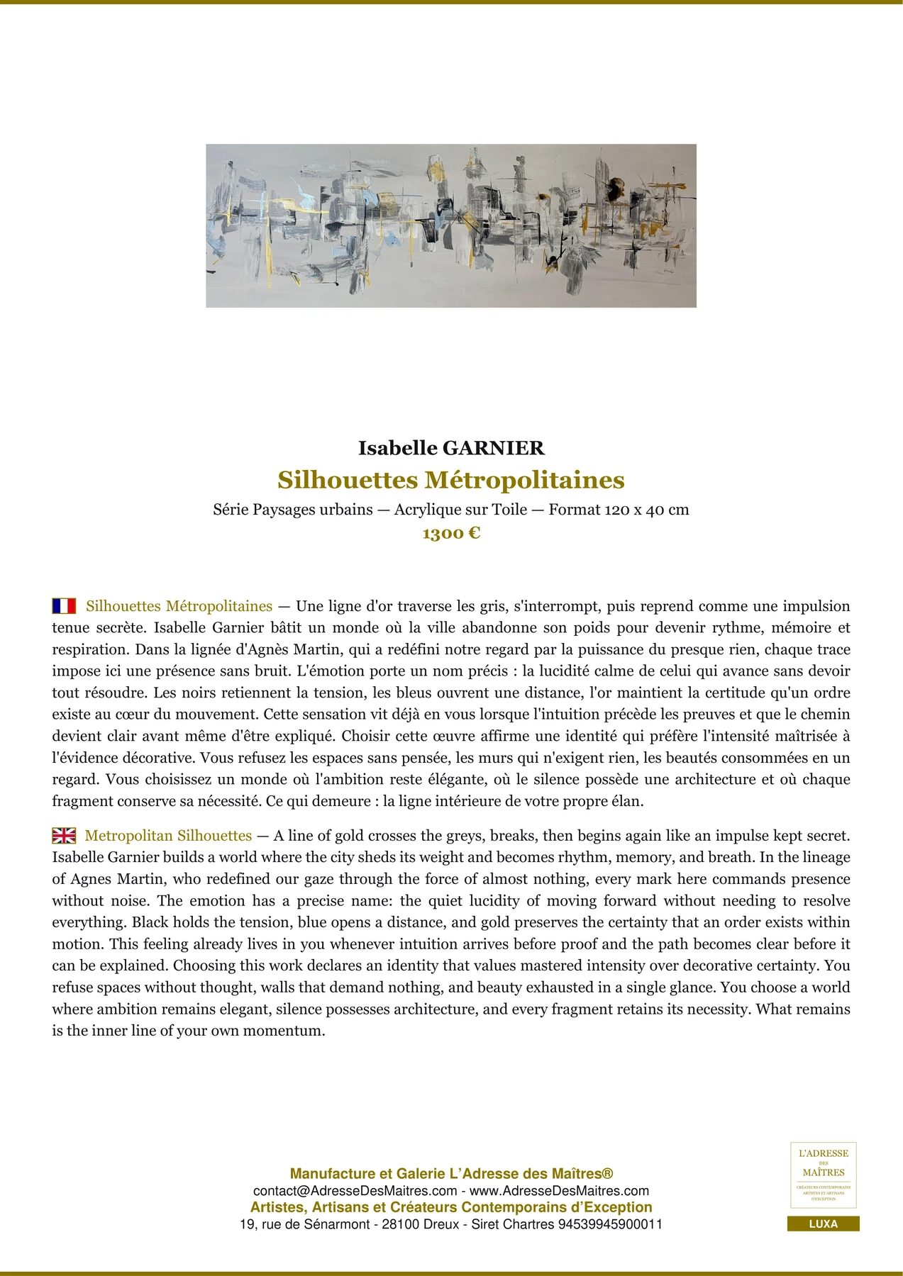 Fiche Premium - Silhouettes Métropolitaines - Isabelle GARNIER - L'Adresse des Maîtres®