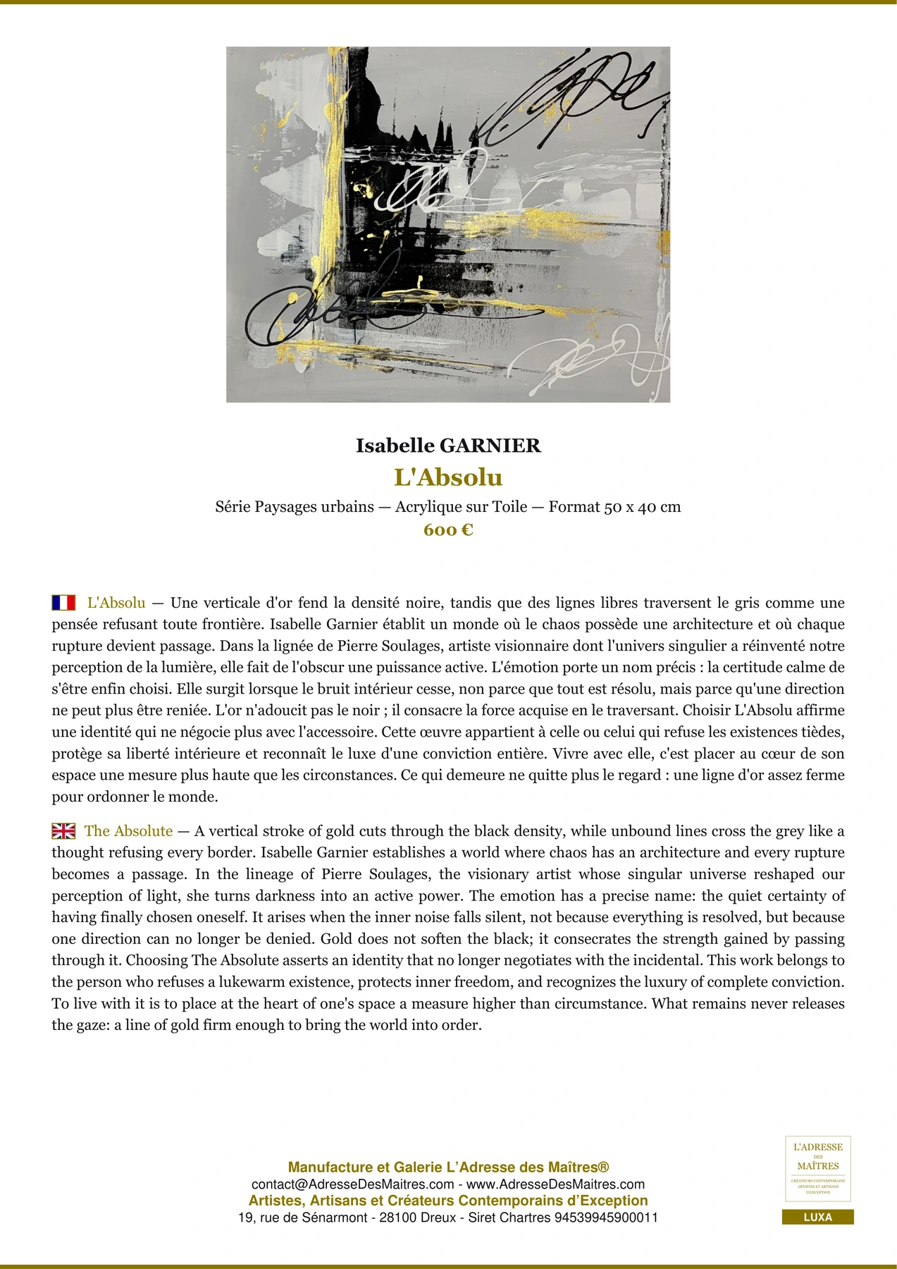 Fiche Premium - L'Absolu - Isabelle GARNIER - L'Adresse des Maîtres®