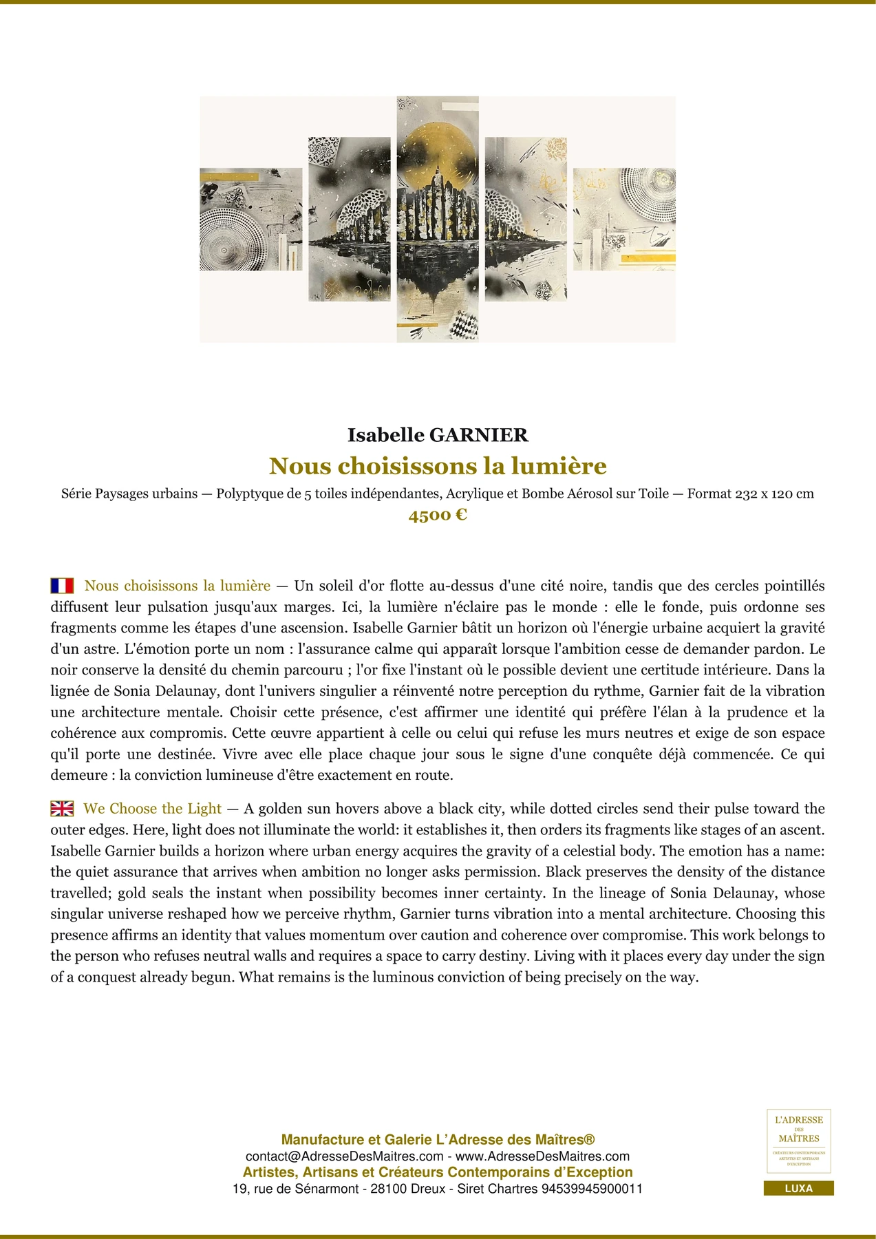 Fiche Premium - Nous choisissons la lumière - Isabelle GARNIER - L'Adresse des Maîtres®