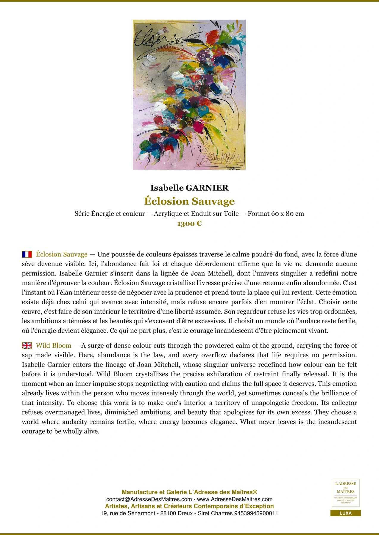 Fiche Premium - Éclosion Sauvage - Isabelle GARNIER - L'Adresse des Maîtres®