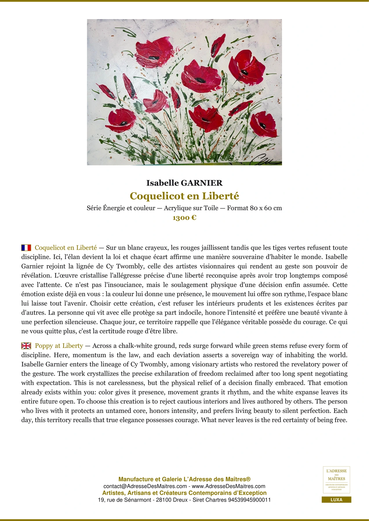 Fiche Premium - Coquelicot en Liberté - Isabelle GARNIER - L'Adresse des Maîtres®