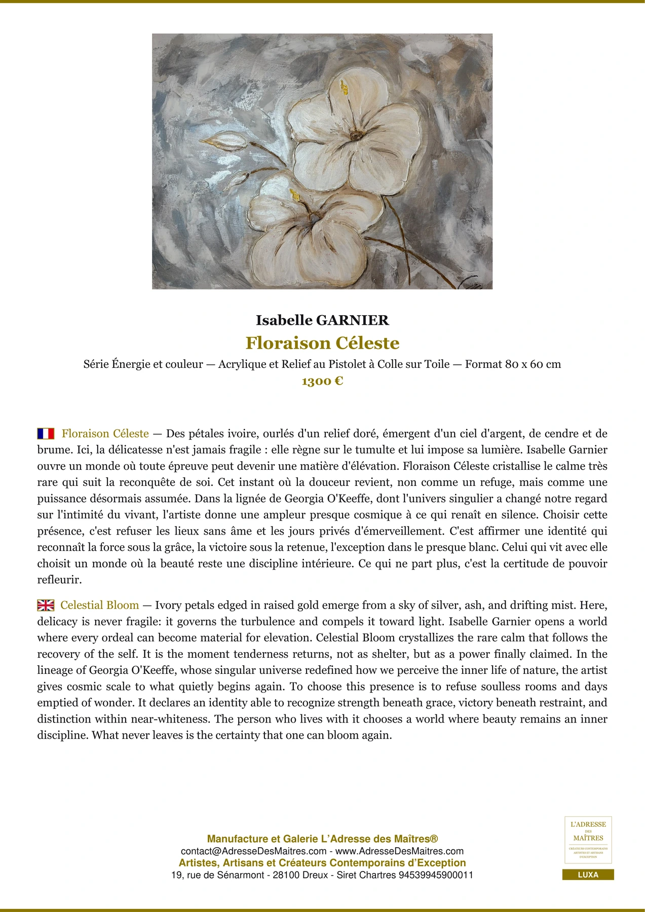 Fiche Premium - Floraison Céleste - Isabelle GARNIER - L'Adresse des Maîtres®