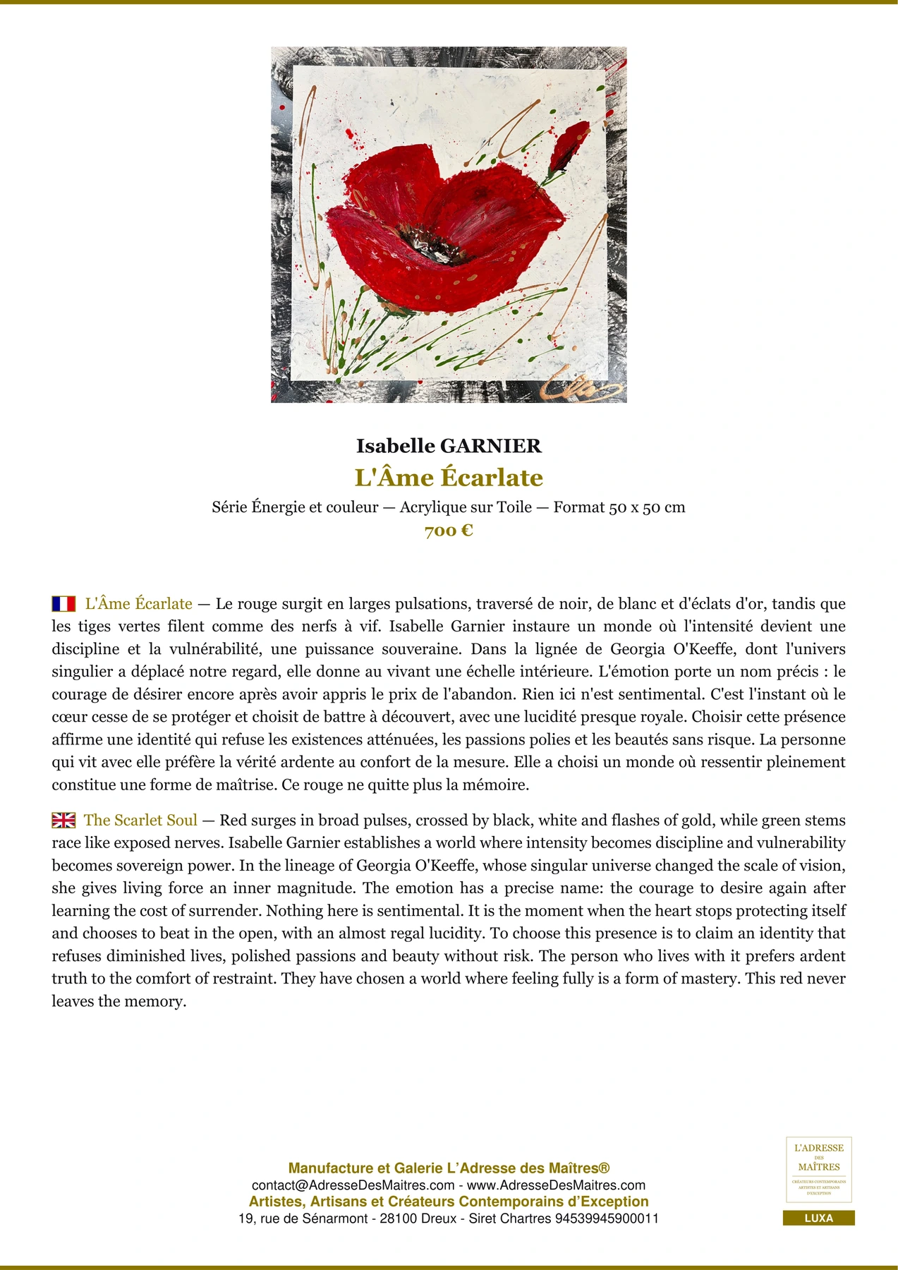 Fiche Premium - L'Âme Écarlate - Isabelle GARNIER - L'Adresse des Maîtres®