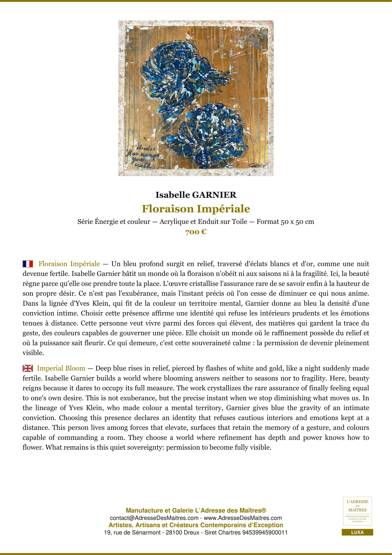 Fiche Premium - Floraison Impériale - Isabelle GARNIER - L'Adresse des Maîtres®