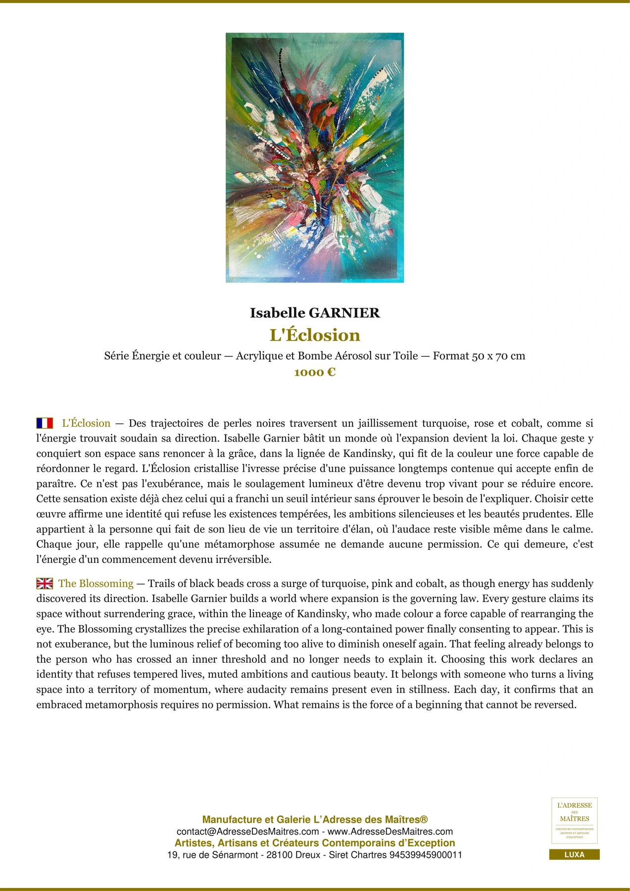 Fiche Premium - L'Éclosion - Isabelle GARNIER - L'Adresse des Maîtres®