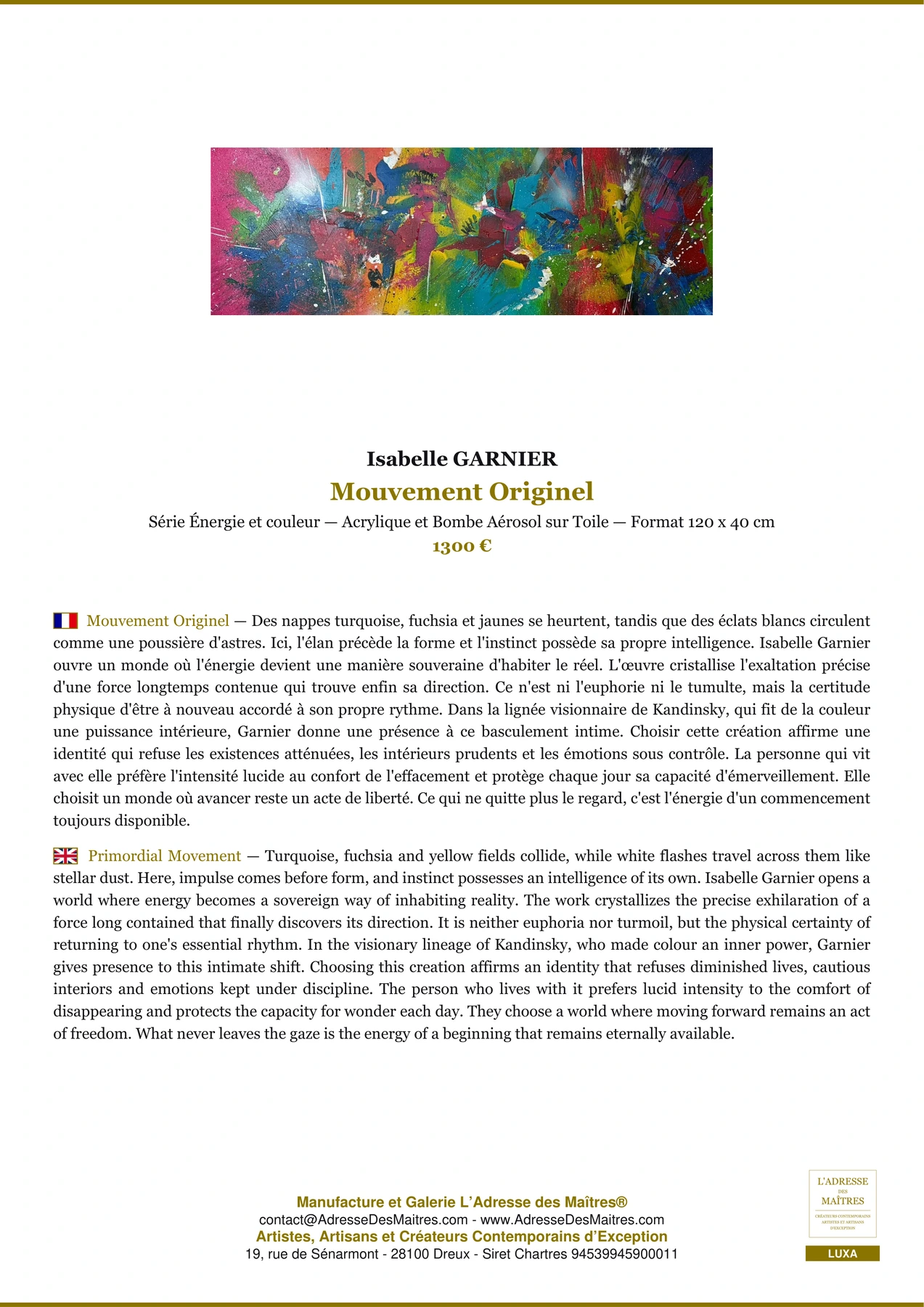 Fiche Premium - Mouvement Originel - Isabelle GARNIER - L'Adresse des Maîtres®